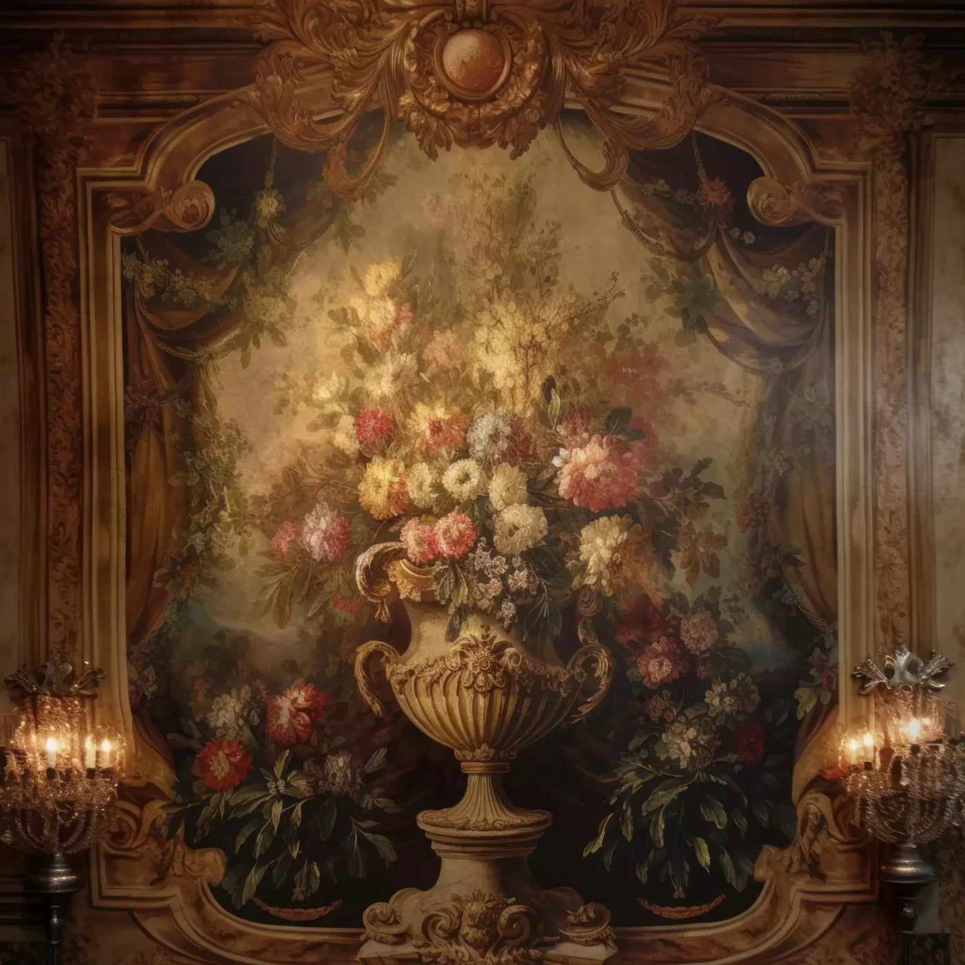 Rococo Aged Floral Wall 8X8 Fleece ( 96 X Inch ) Backdrop