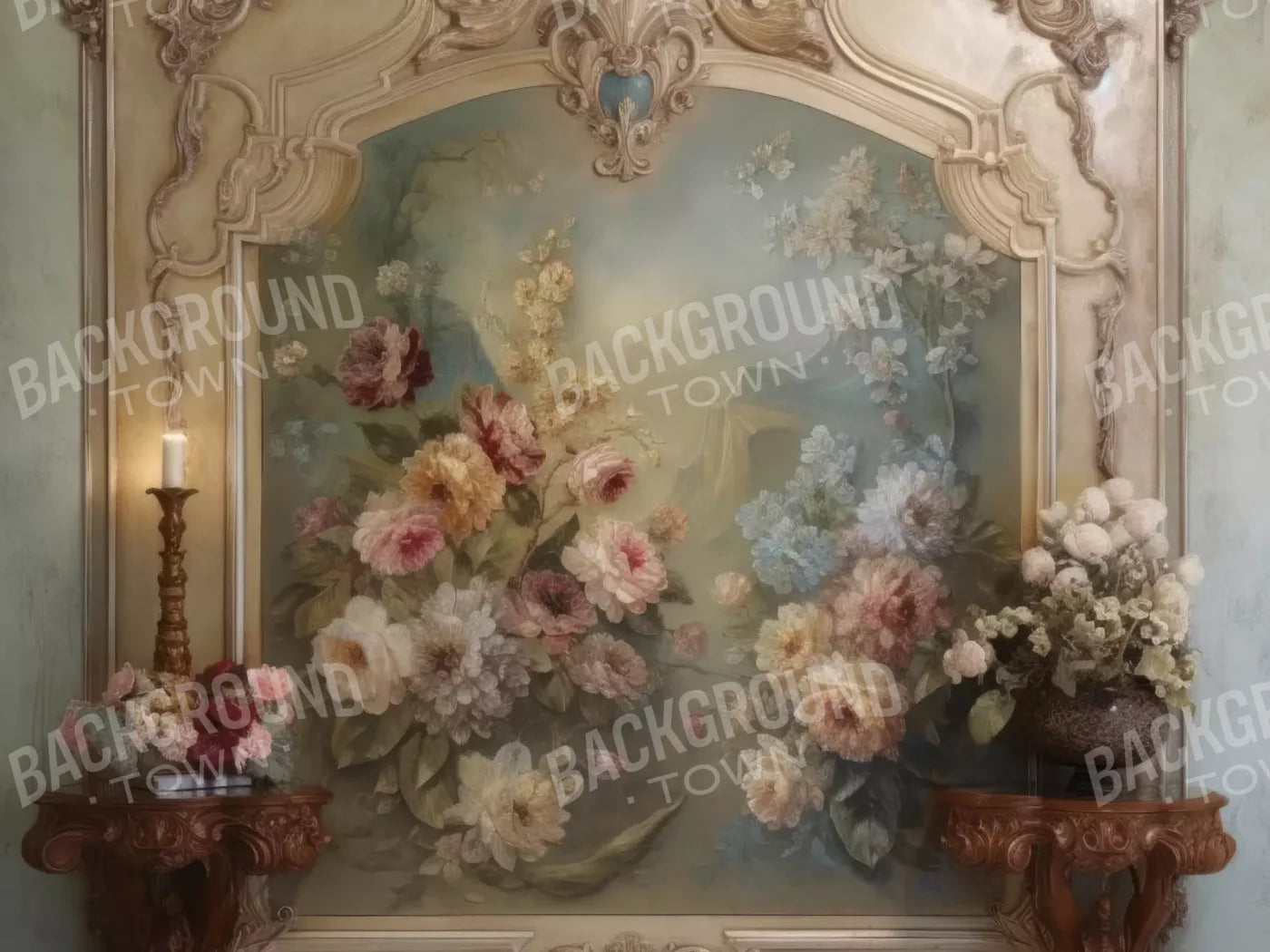 Rococo Beige Floral Wall 10X8 Fleece ( 120 X 96 Inch ) Backdrop