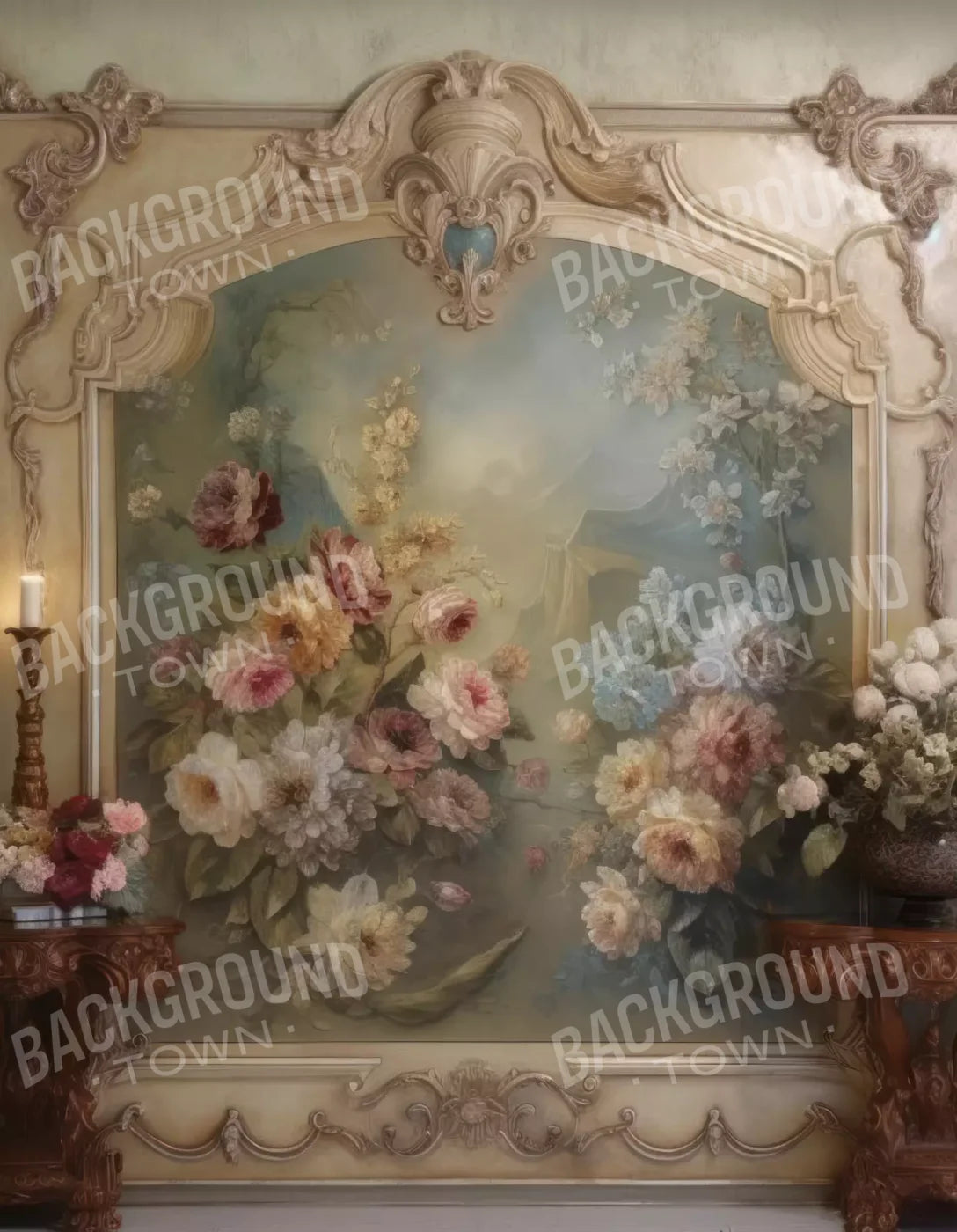 Rococo Beige Floral Wall 6X8 Fleece ( 72 X 96 Inch ) Backdrop