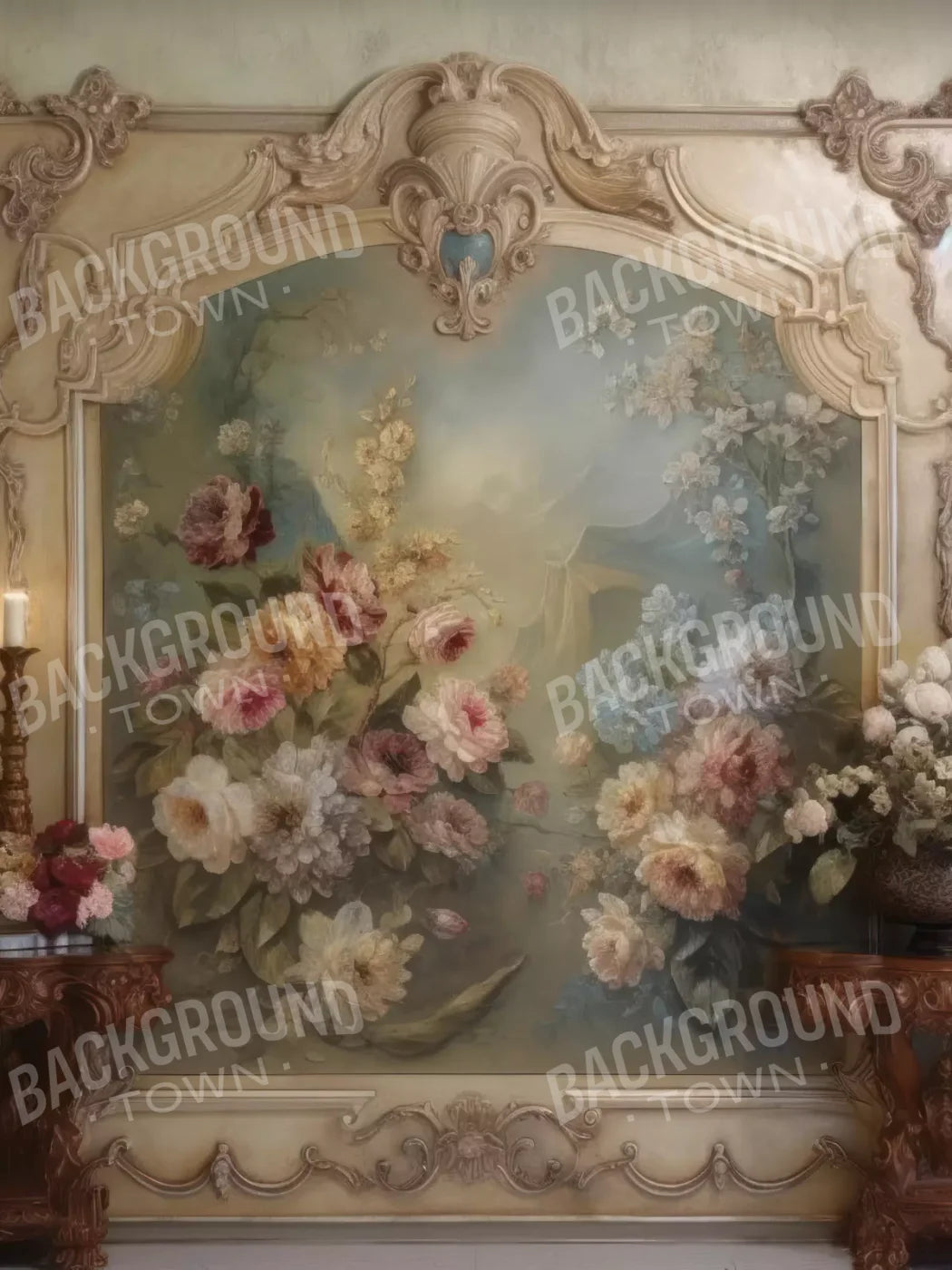 Rococo Beige Floral Wall 8X10 Fleece ( 96 X 120 Inch ) Backdrop