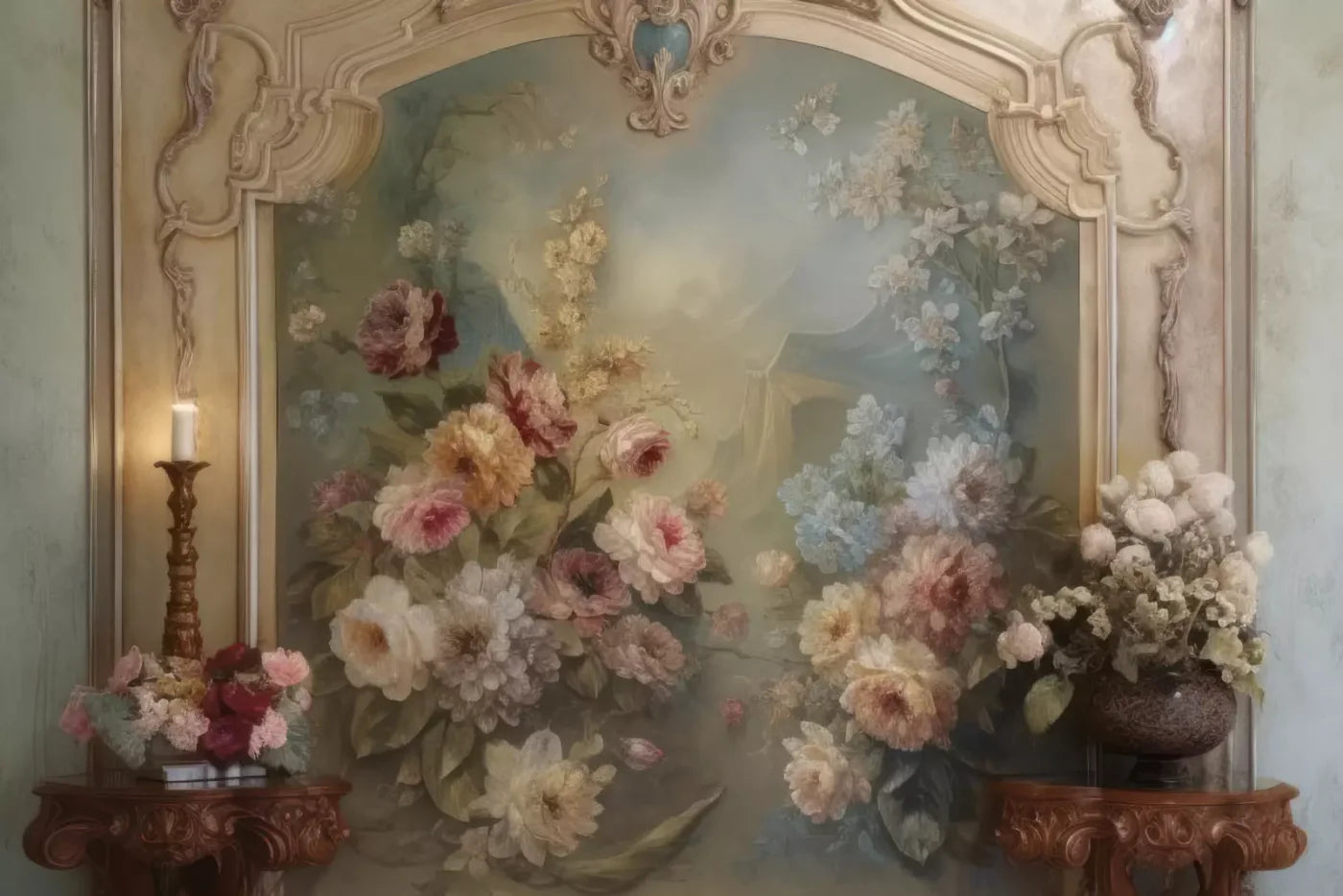 Rococo Beige Floral Wall 8X5 Ultracloth ( 96 X 60 Inch ) Backdrop