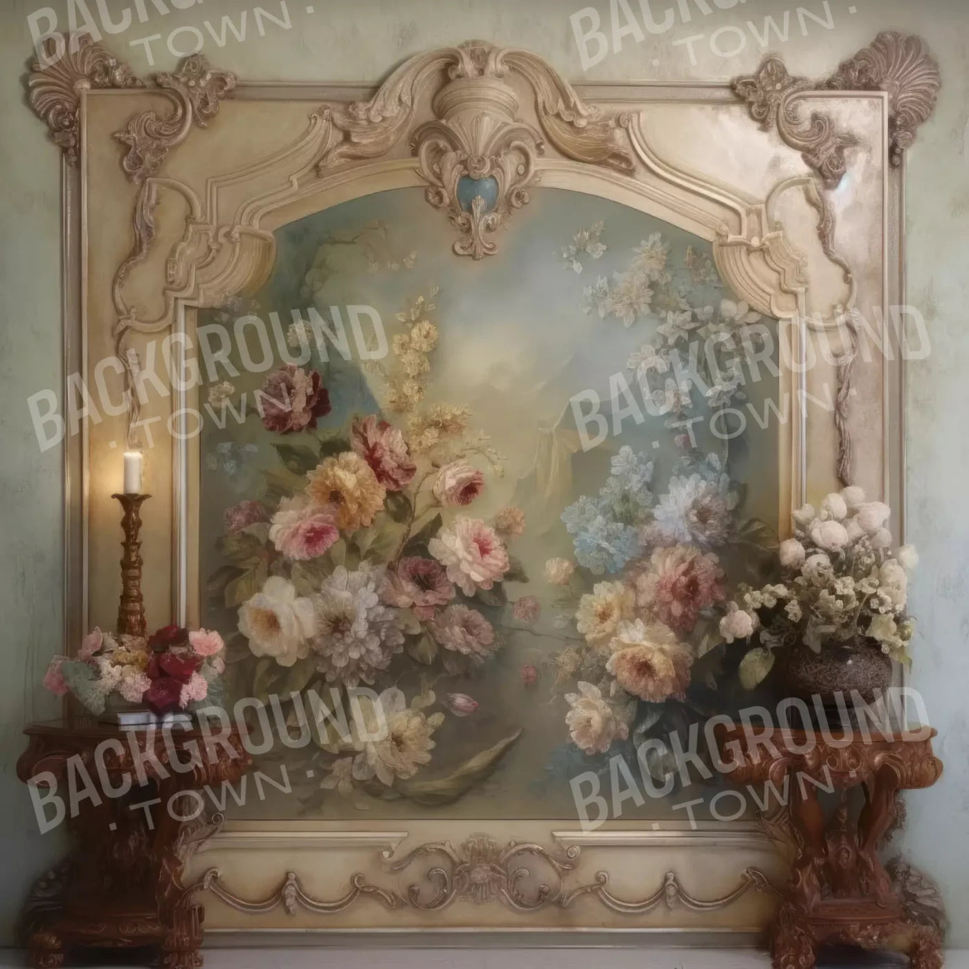 Rococo Beige Floral Wall 8X8 Fleece ( 96 X Inch ) Backdrop