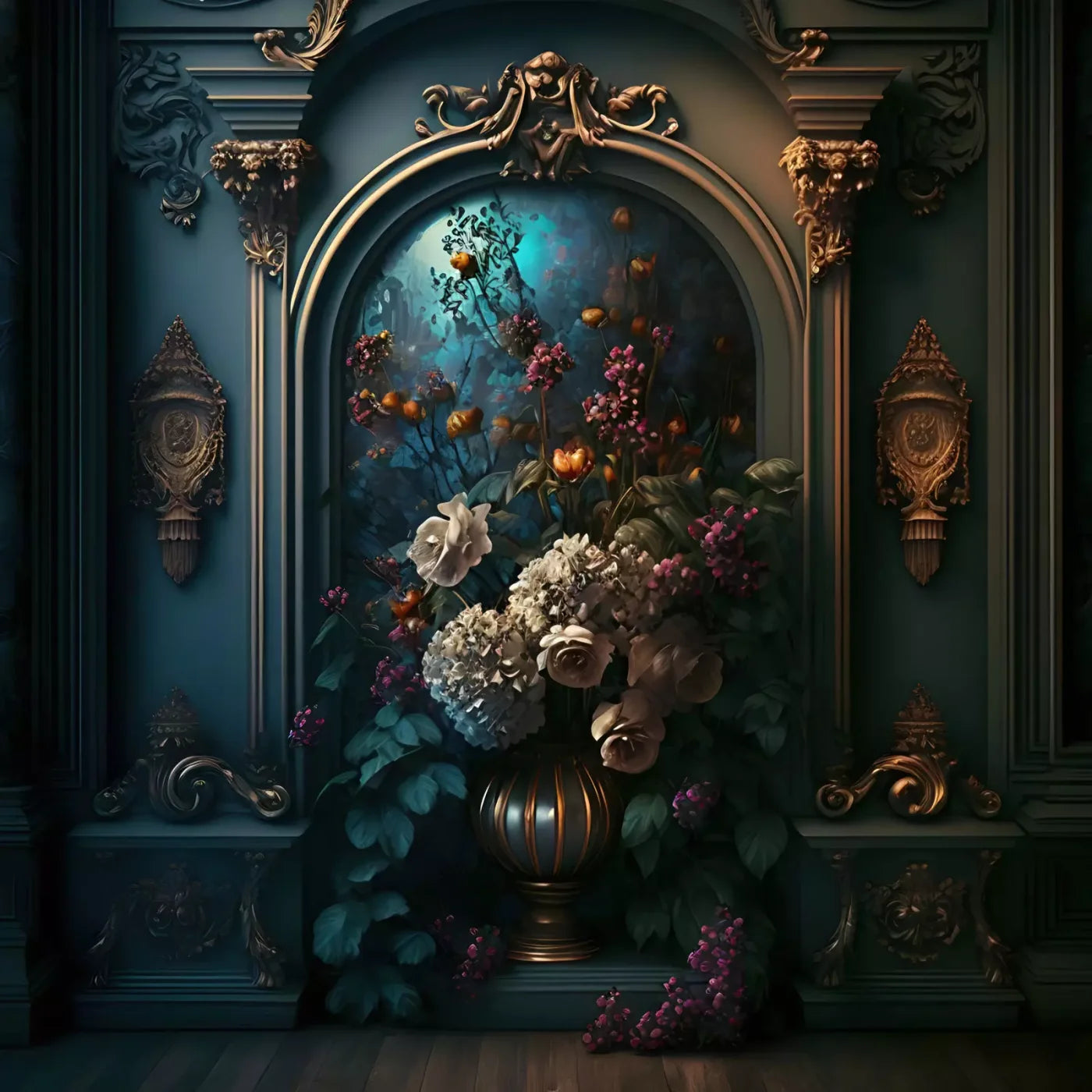 Rococo Midnight Floral Wall 10X10 Ultracloth ( 120 X Inch ) Backdrop