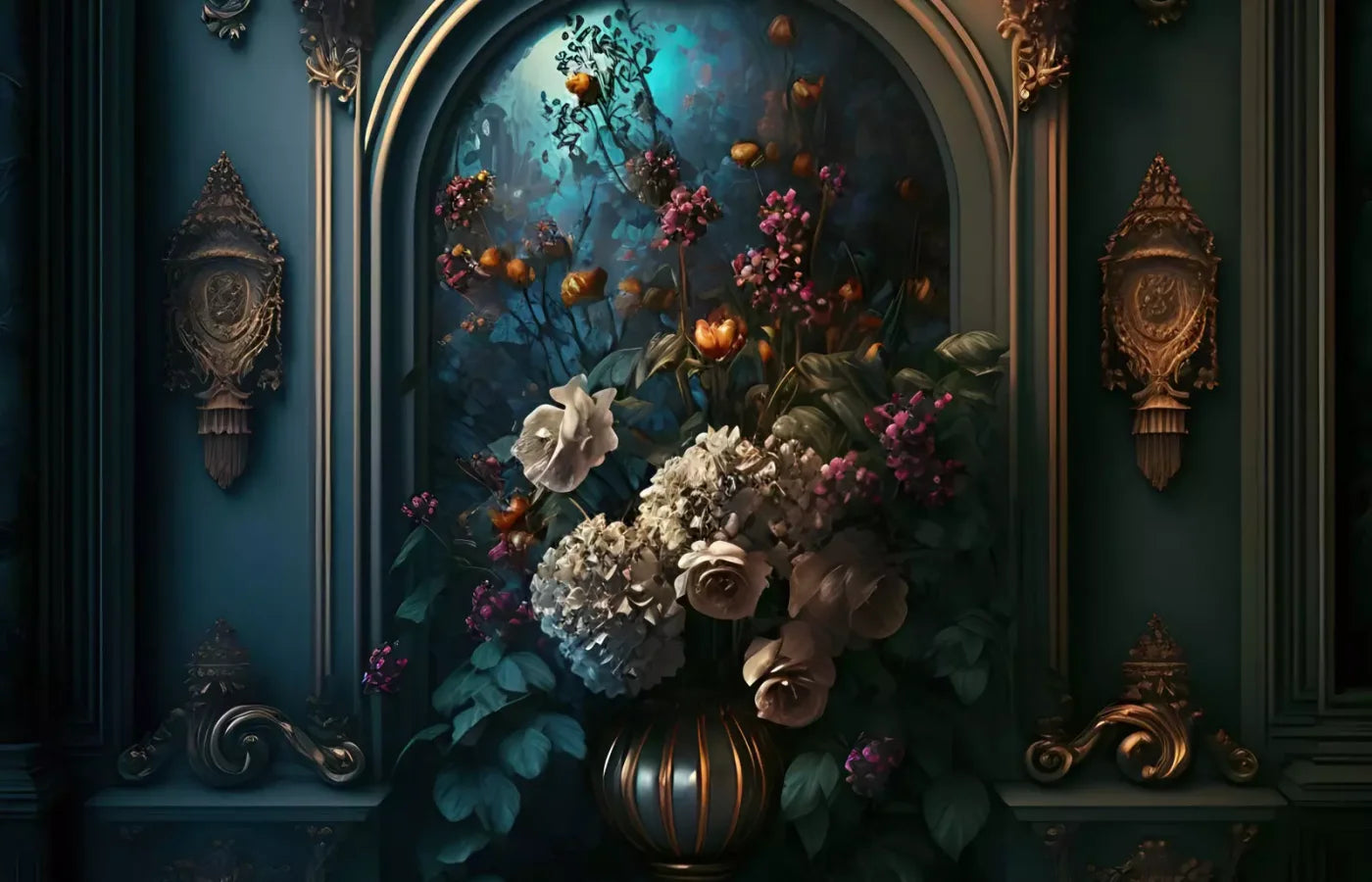 Rococo Midnight Floral Wall 12X8 Ultracloth ( 144 X 96 Inch ) Backdrop