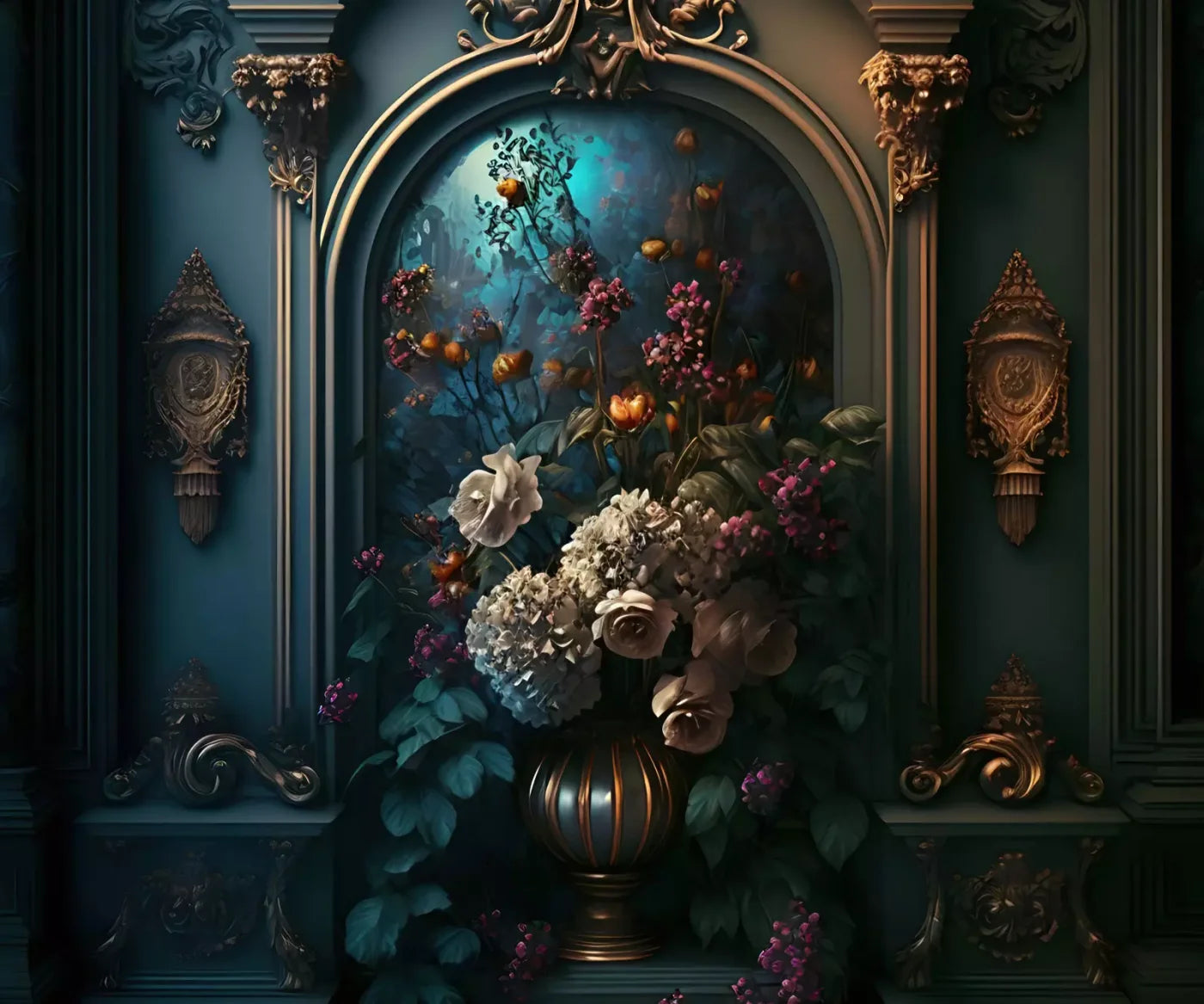 Rococo Midnight Floral Wall 5X42 Fleece ( 60 X 50 Inch ) Backdrop