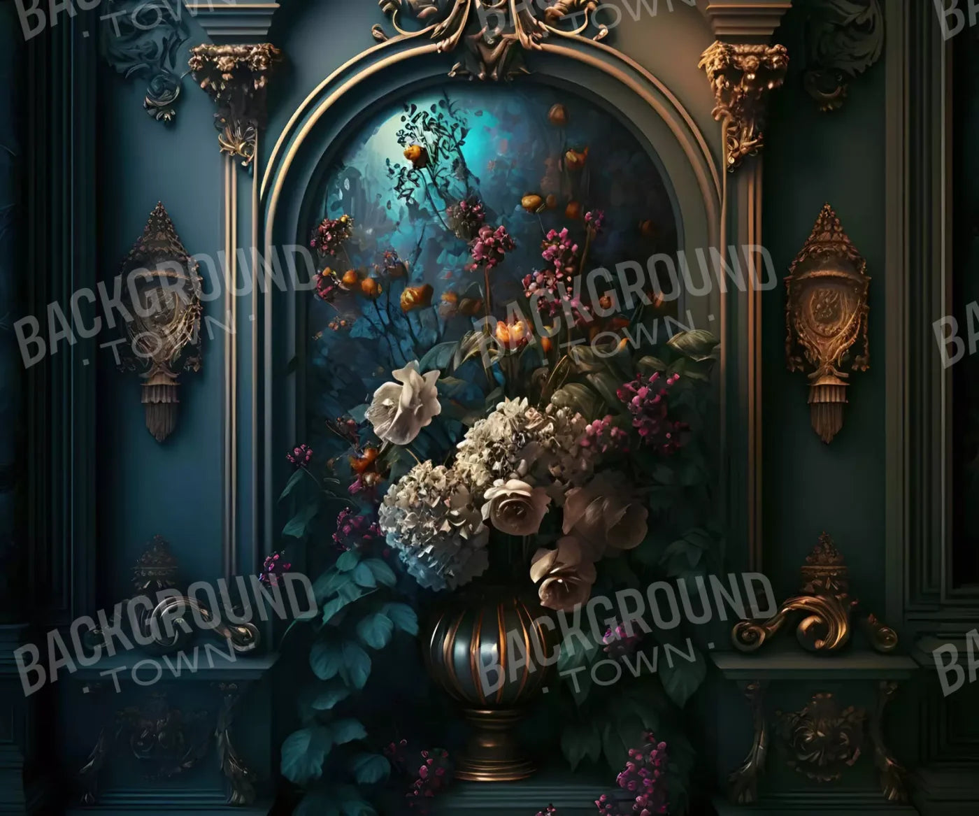 Rococo Midnight Floral Wall 5X42 Fleece ( 60 X 50 Inch ) Backdrop