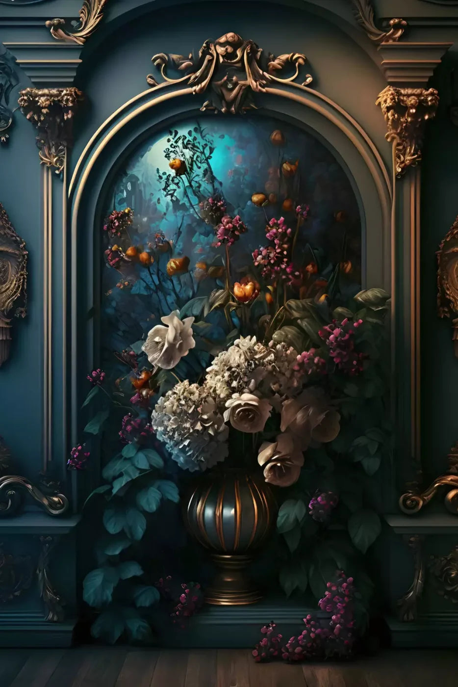 Rococo Midnight Floral Wall 5X8 Ultracloth ( 60 X 96 Inch ) Backdrop