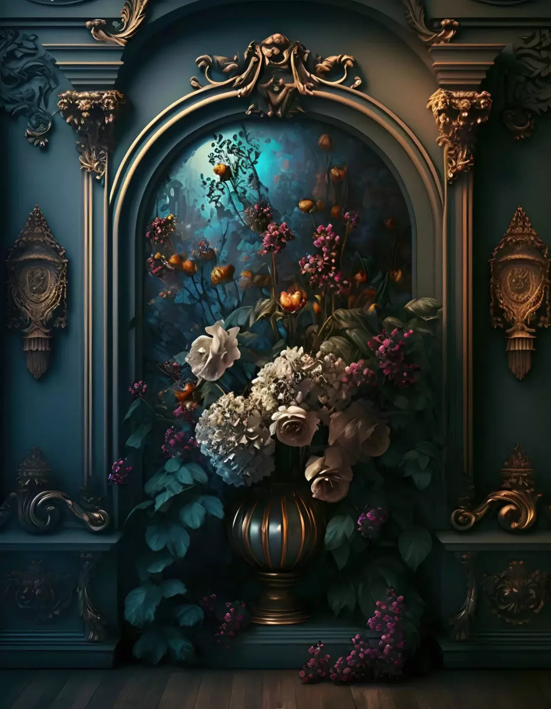 Rococo Midnight Floral Wall 6X8 Fleece ( 72 X 96 Inch ) Backdrop