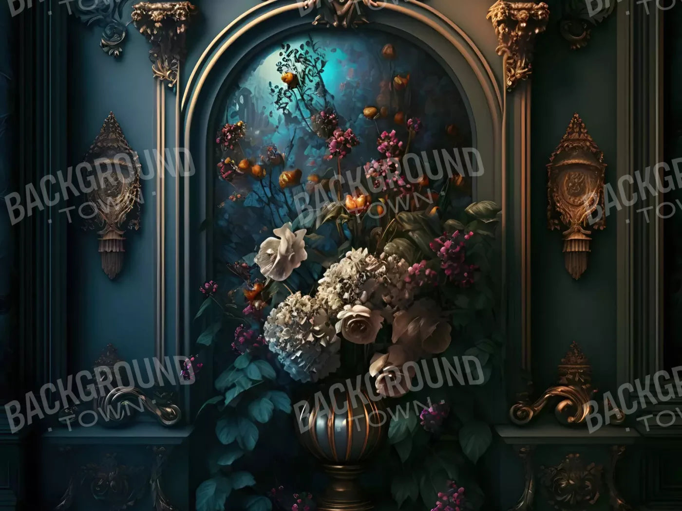 Rococo Midnight Floral Wall 7X5 Ultracloth ( 84 X 60 Inch ) Backdrop
