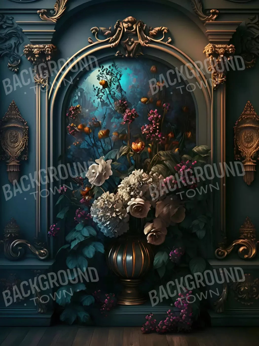 Rococo Midnight Floral Wall 8X10 Fleece ( 96 X 120 Inch ) Backdrop