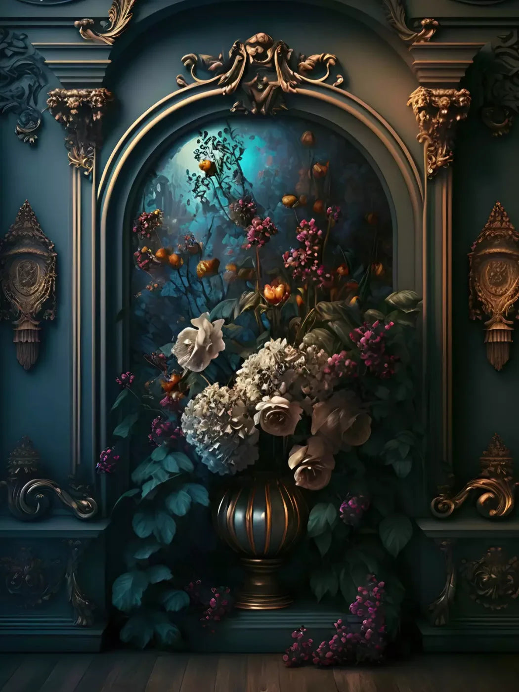Rococo Midnight Floral Wall 8X10 Fleece ( 96 X 120 Inch ) Backdrop