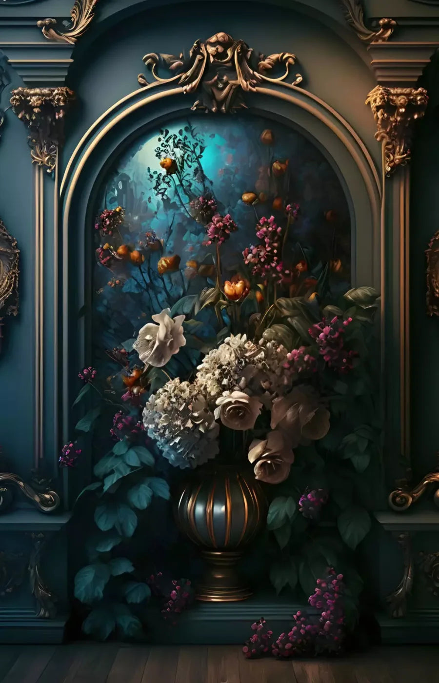 Rococo Midnight Floral Wall 8X12 Ultracloth ( 96 X 144 Inch ) Backdrop