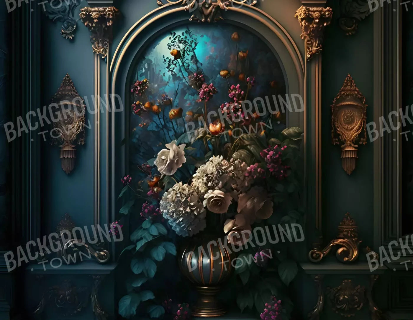 Rococo Midnight Floral Wall 8X6 Fleece ( 96 X 72 Inch ) Backdrop