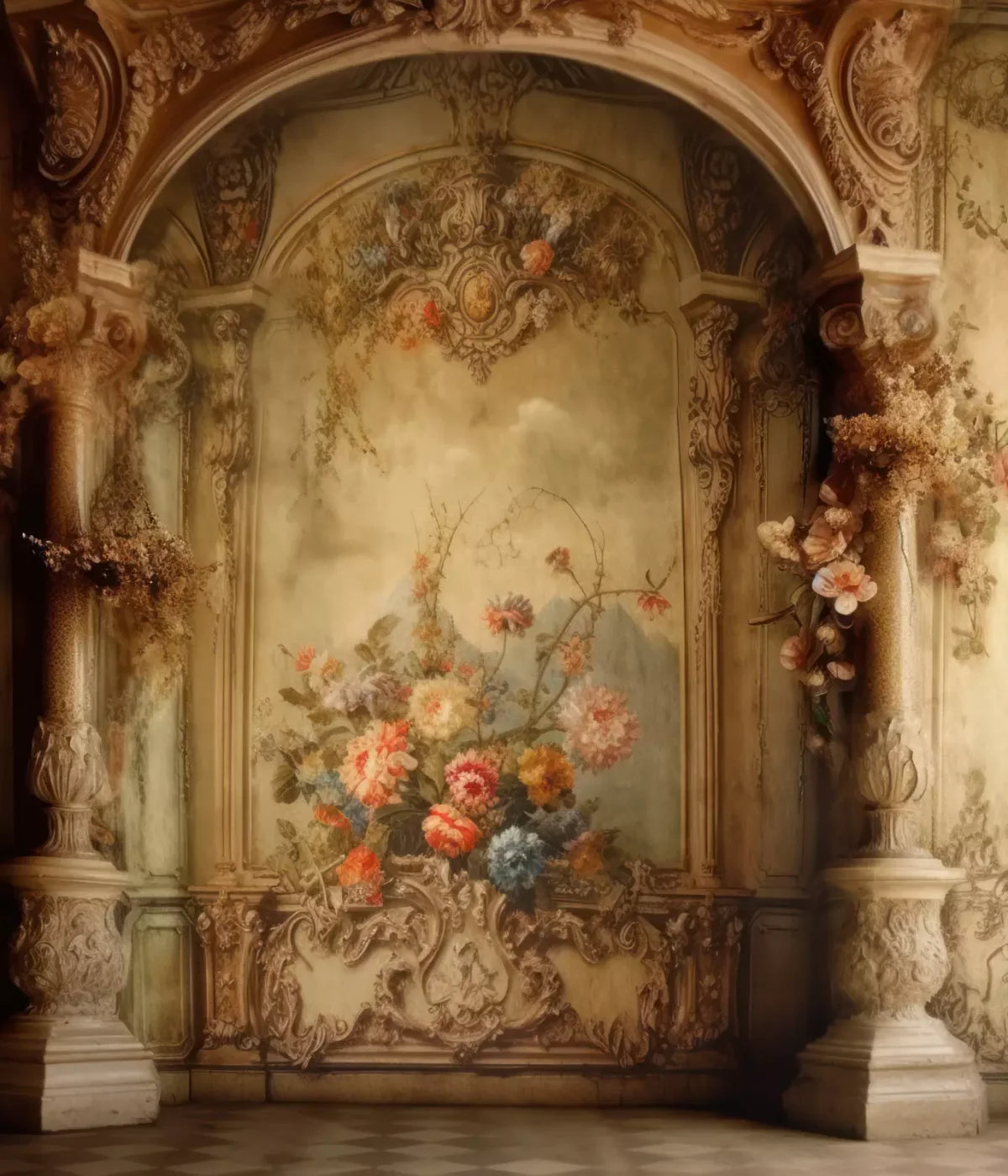 Rococo Vintage Floral Wall 10X12 Ultracloth ( 120 X 144 Inch ) Backdrop