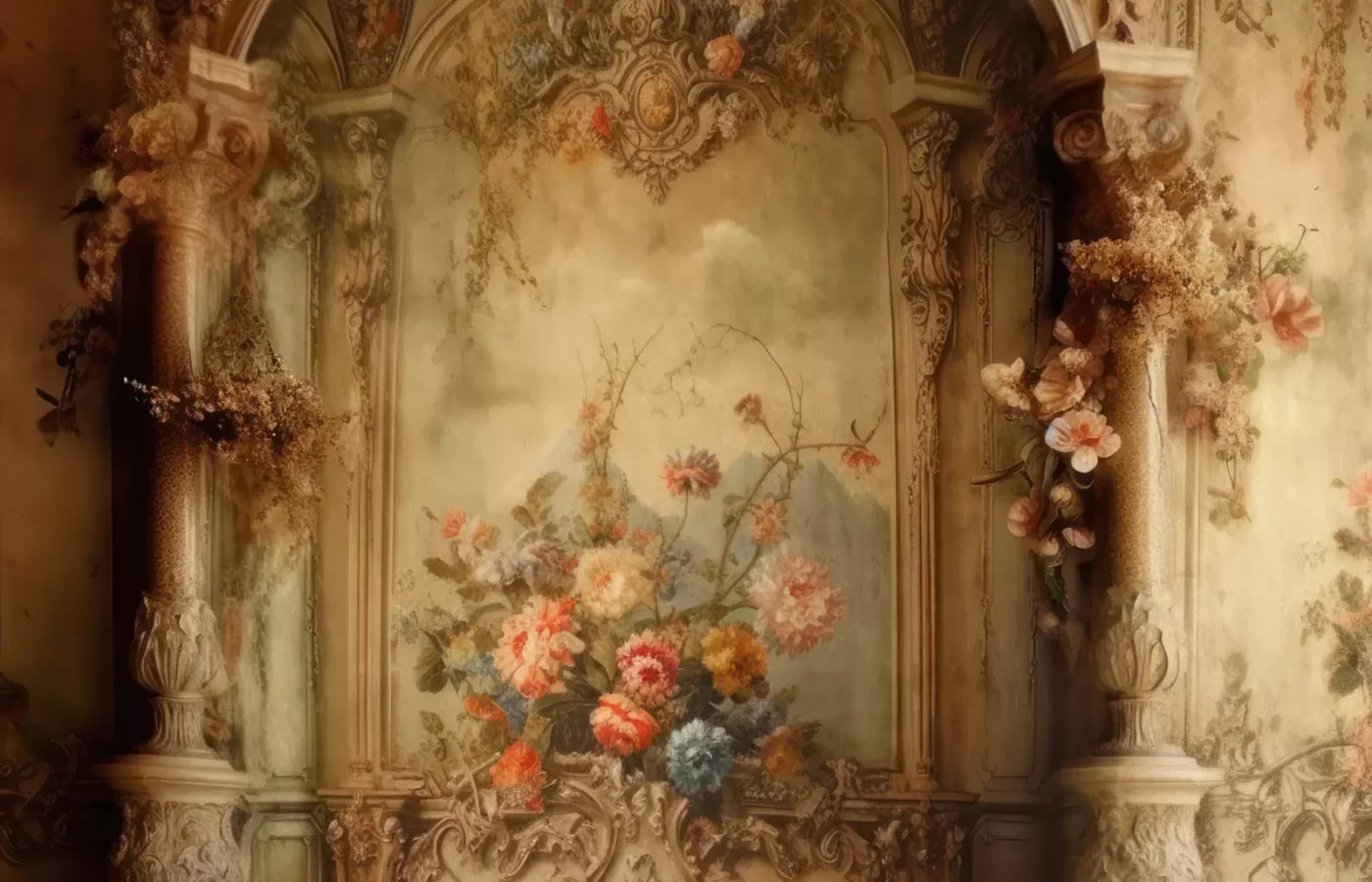Rococo Vintage Floral Wall 12X8 Ultracloth ( 144 X 96 Inch ) Backdrop