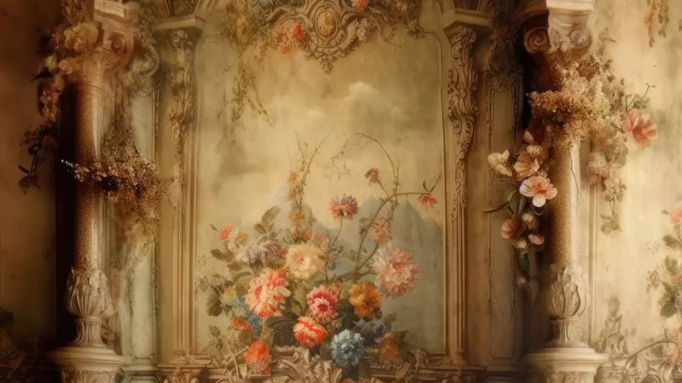 Rococo Vintage Floral Wall 14X8 Ultracloth ( 168 X 96 Inch ) Backdrop