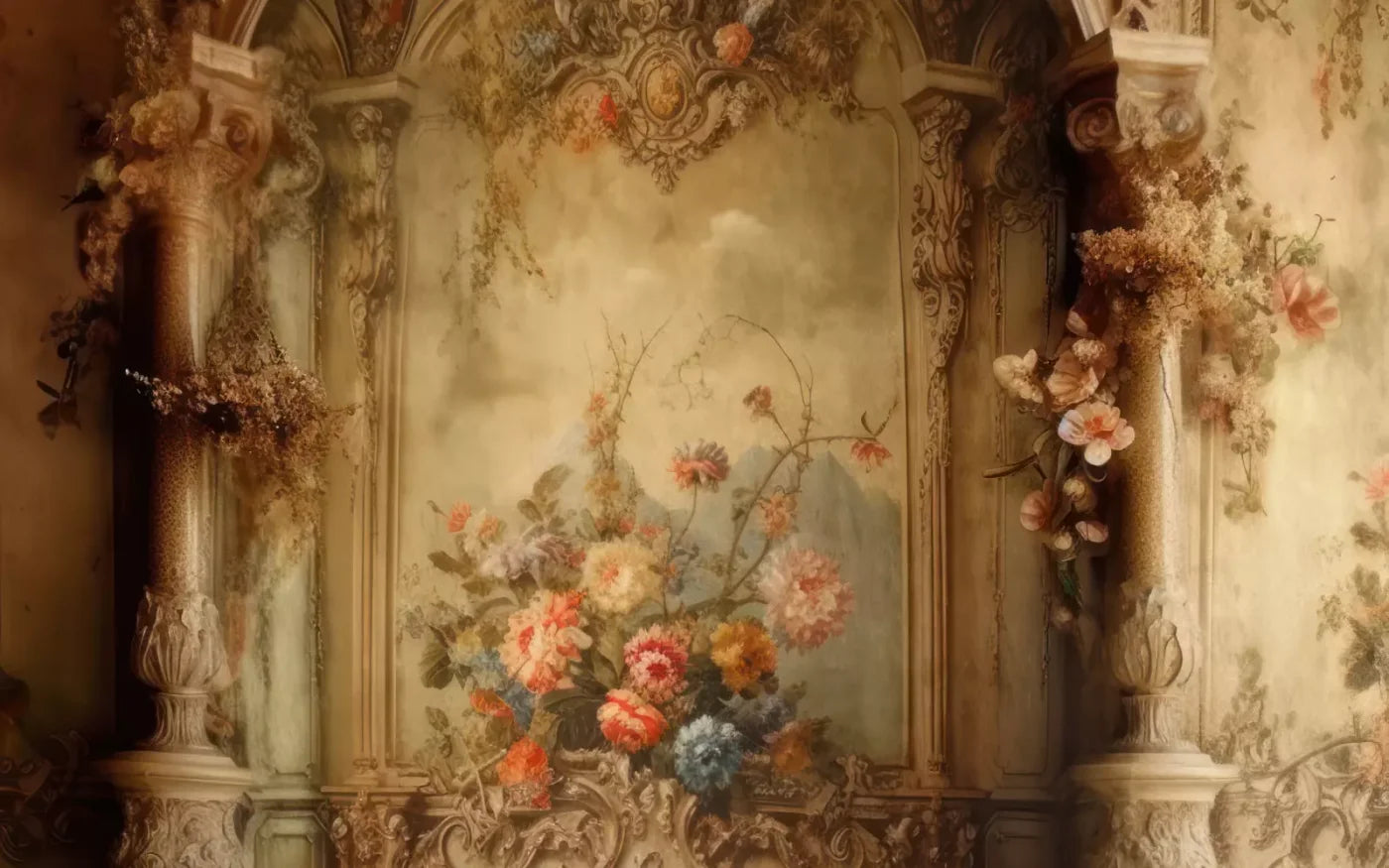 Rococo Vintage Floral Wall 14X9 Ultracloth ( 168 X 108 Inch ) Backdrop