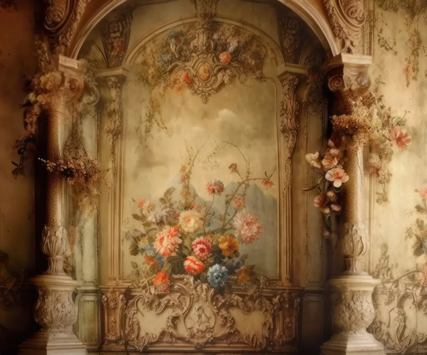 Rococo Vintage Floral Wall 5X42 Fleece ( 60 X 50 Inch ) Backdrop