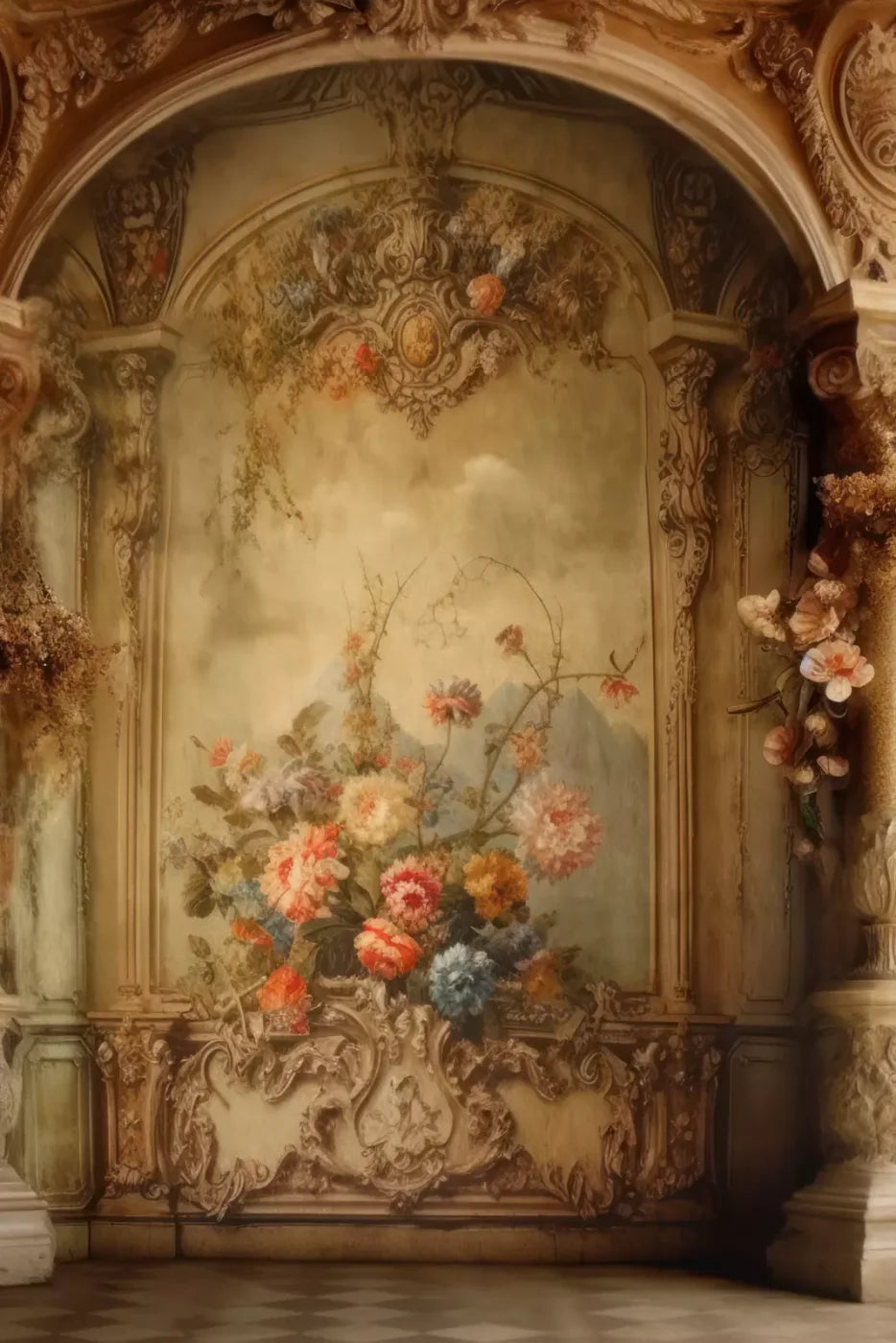 Rococo Vintage Floral Wall 5X8 Ultracloth ( 60 X 96 Inch ) Backdrop