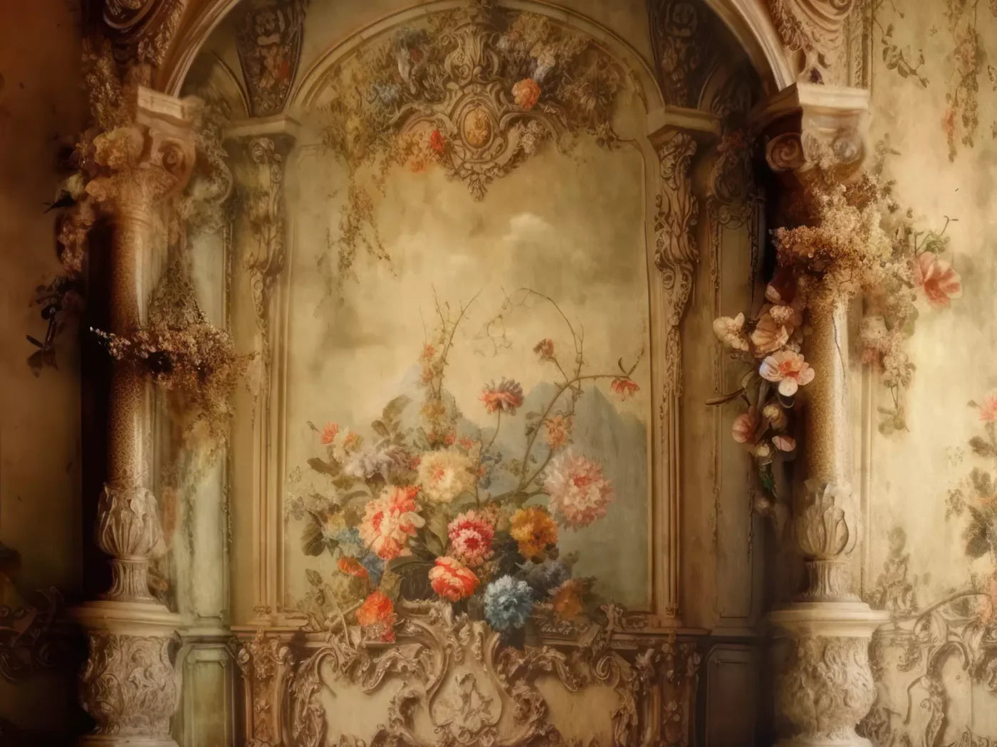 Rococo Vintage Floral Wall 68X5 Fleece ( 80 X 60 Inch ) Backdrop
