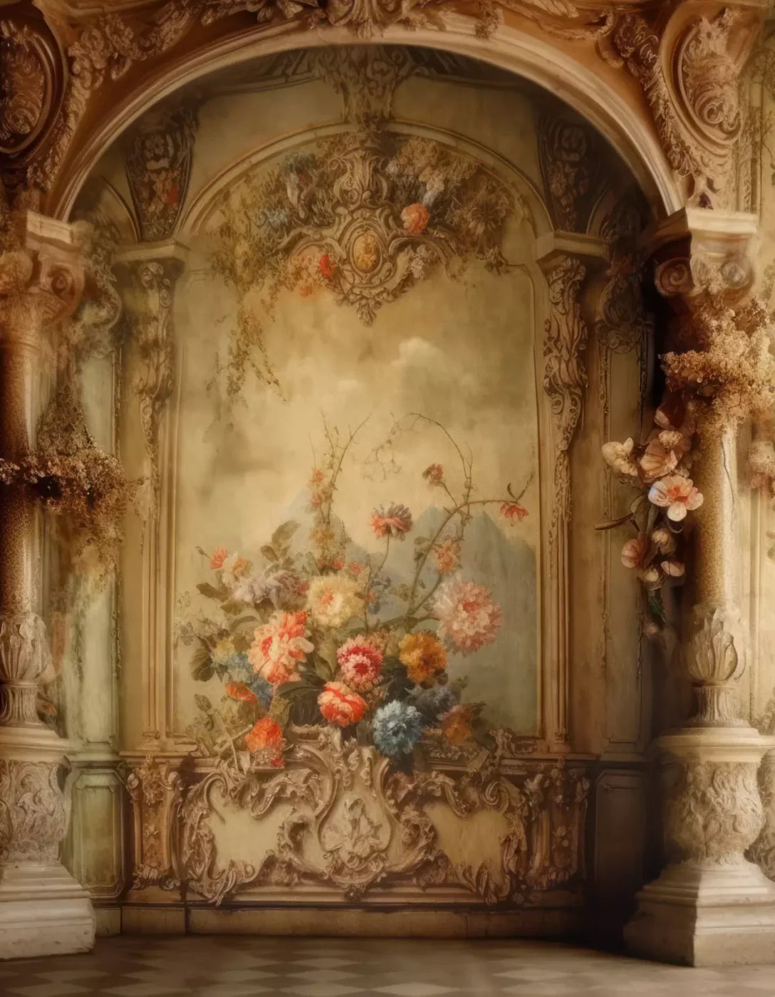 Rococo Vintage Floral Wall 6X8 Fleece ( 72 X 96 Inch ) Backdrop