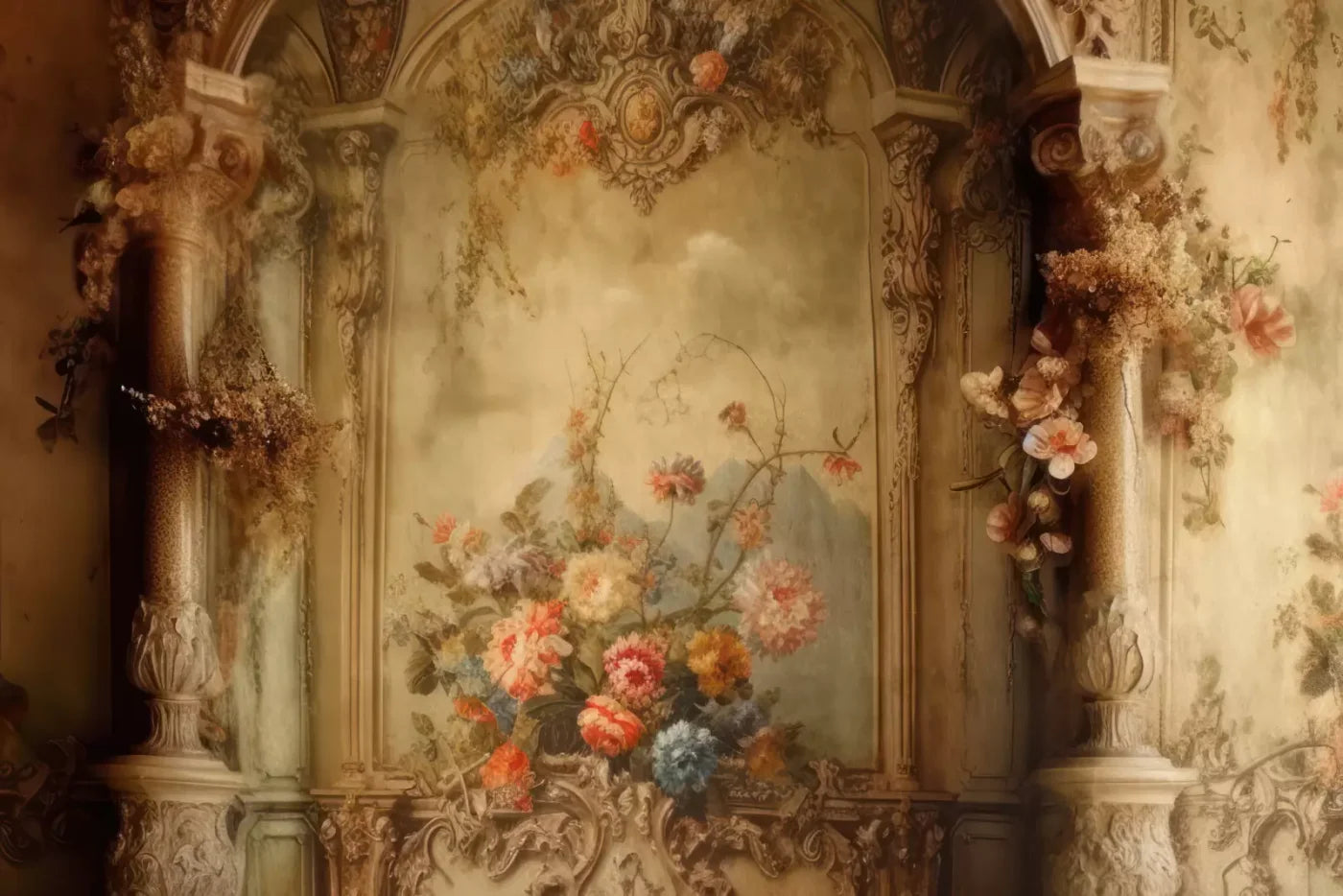 Rococo Vintage Floral Wall 8X5 Ultracloth ( 96 X 60 Inch ) Backdrop