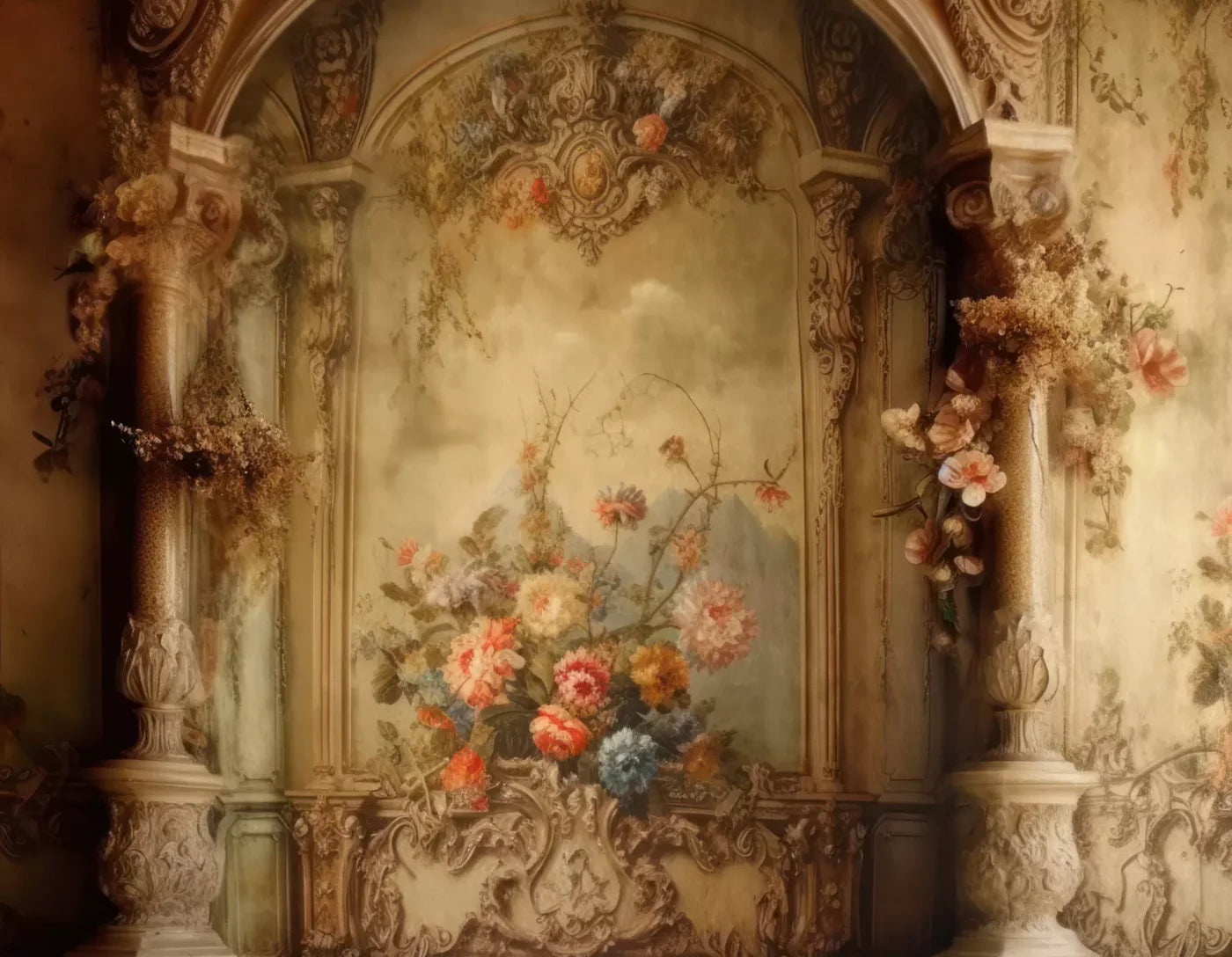Rococo Vintage Floral Wall 8X6 Fleece ( 96 X 72 Inch ) Backdrop