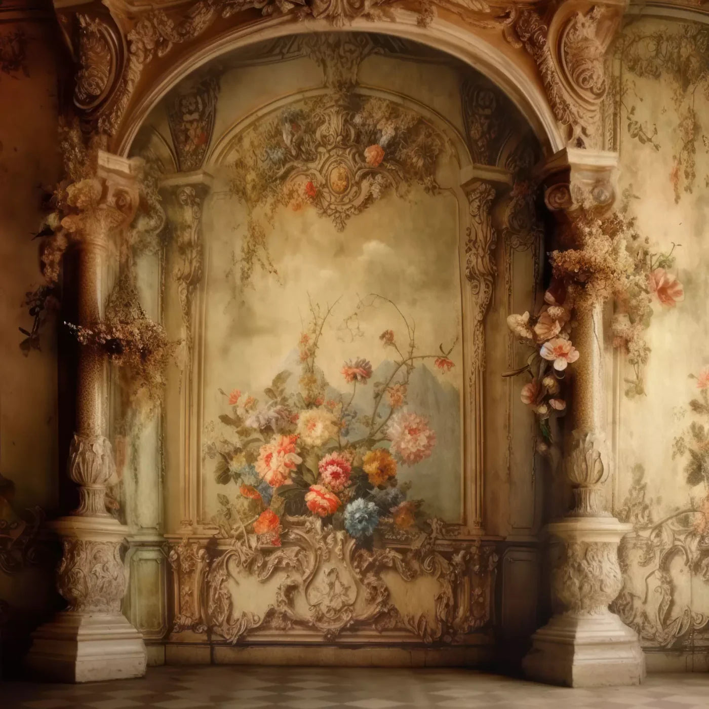 Rococo Vintage Floral Wall 8X8 Fleece ( 96 X Inch ) Backdrop