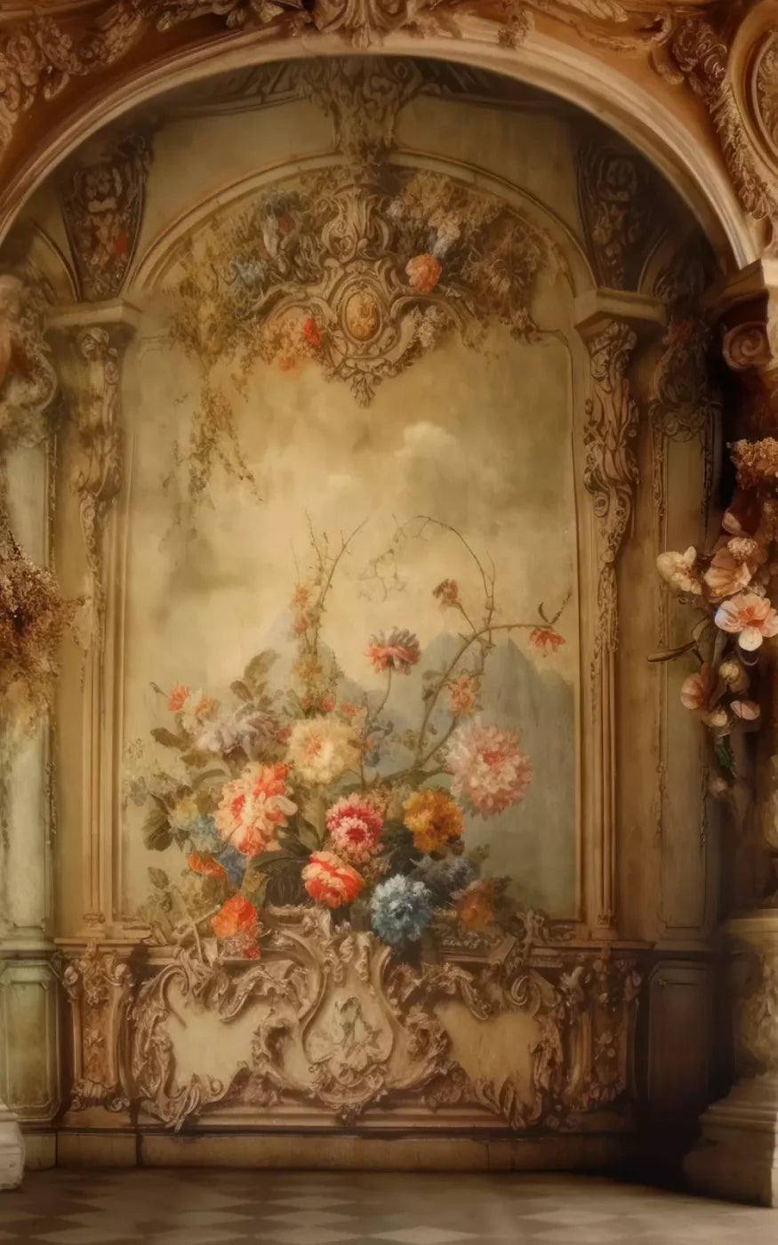 Rococo Vintage Floral Wall 9X14 Ultracloth ( 108 X 168 Inch ) Backdrop
