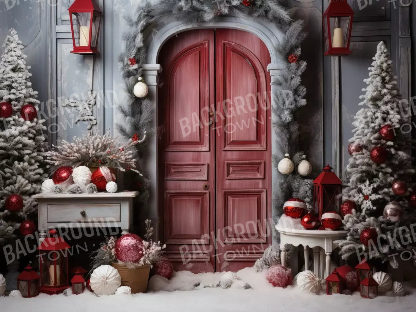 Rustic Christmas Door I 6’8X5’ Fleece (80 X 60 Inch) Backdrop