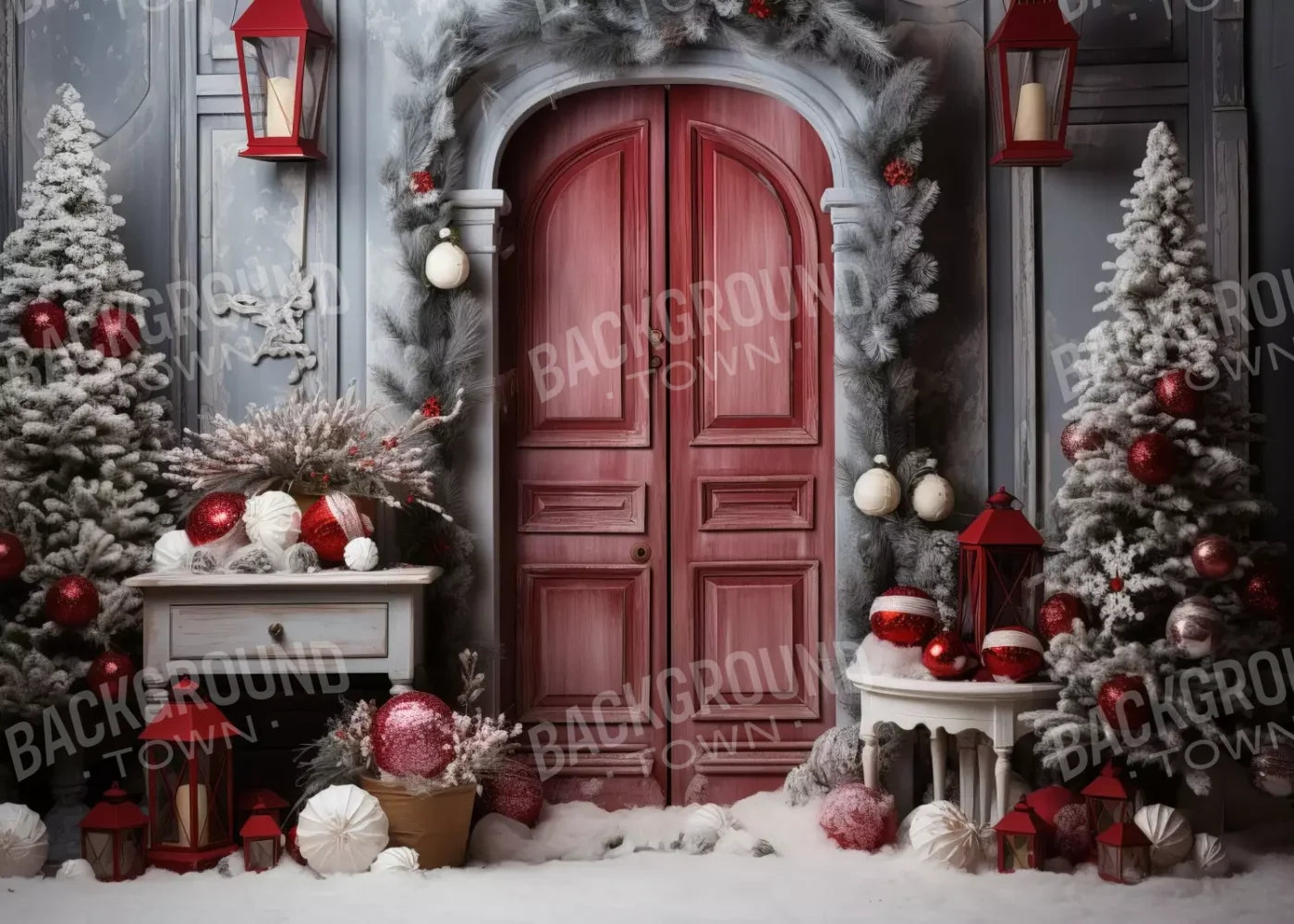 Rustic Christmas Door I 7’X5’ Ultracloth (84 X 60 Inch) Backdrop