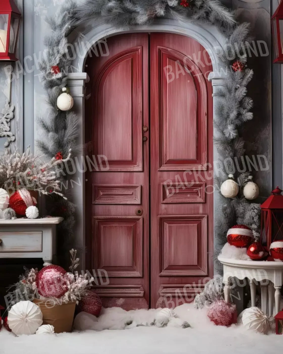 Rustic Christmas Door I 8’X10’ Fleece (96 X 120 Inch) Backdrop