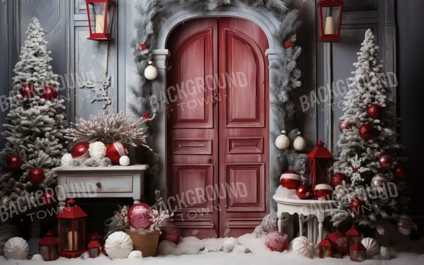 Rustic Christmas Door I 8’X5’ Ultracloth (96 X 60 Inch) Backdrop