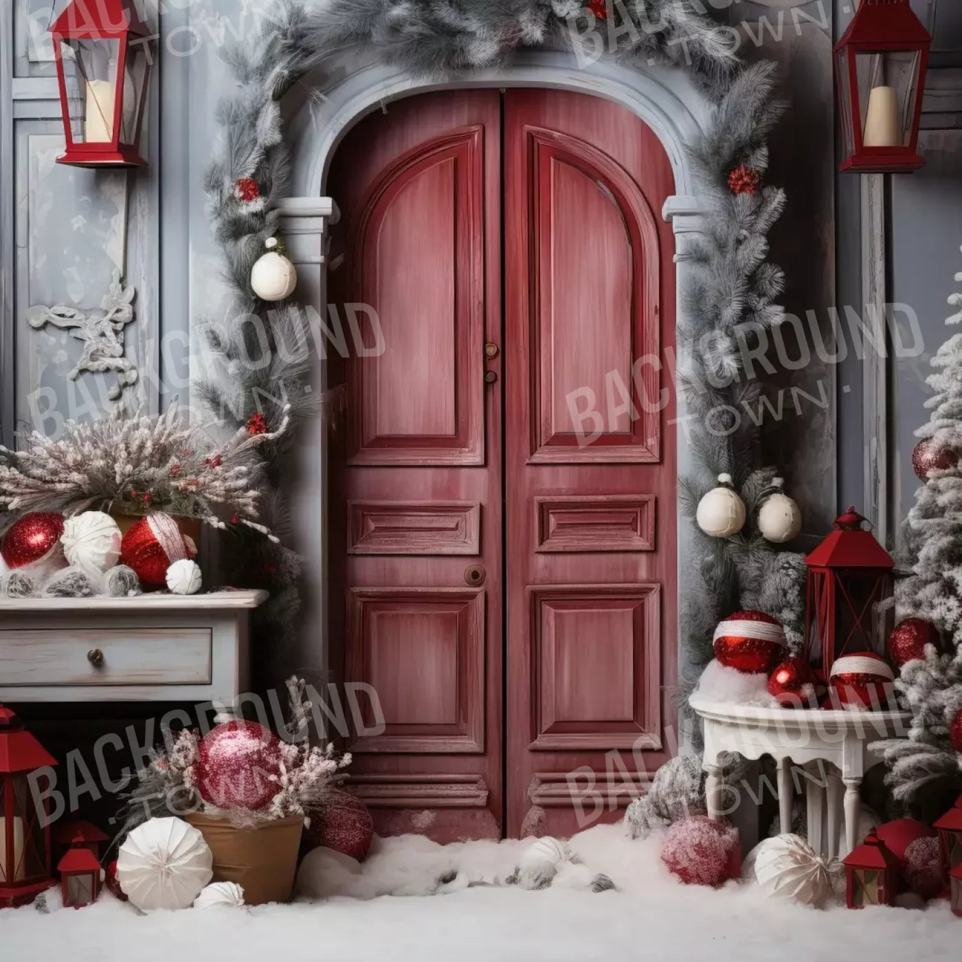 Rustic Christmas Door I 8’X8’ Fleece (96 X Inch) Backdrop