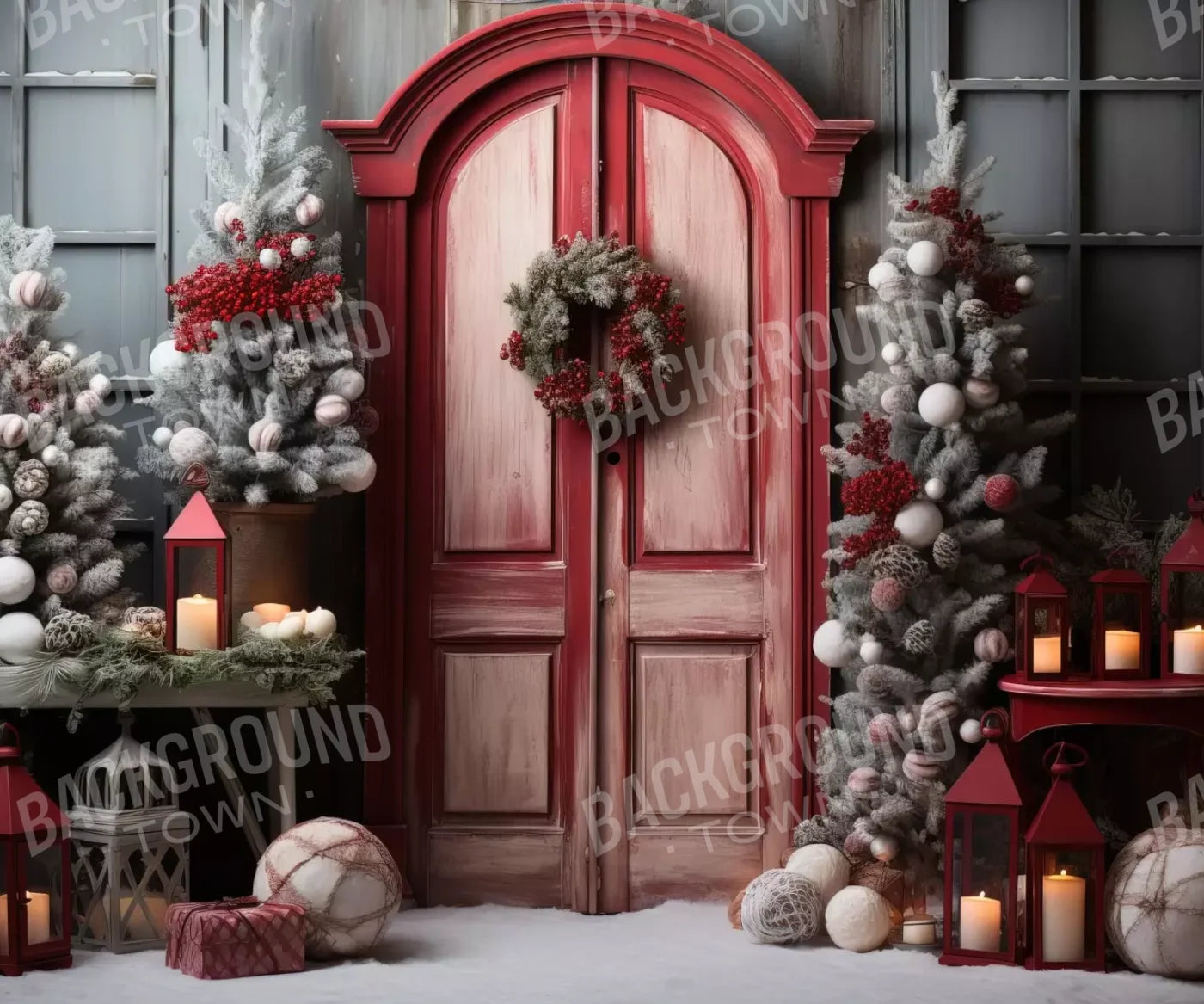 Rustic Christmas Door Iii 12’X10’ Ultracloth (144 X 120 Inch) Backdrop