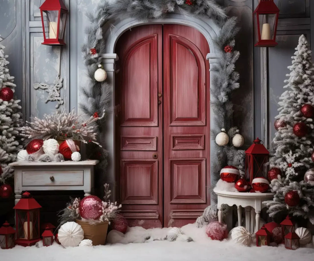 Rustic Christmas Door I 5’X4’2 Fleece (60 X 50 Inch) Backdrop