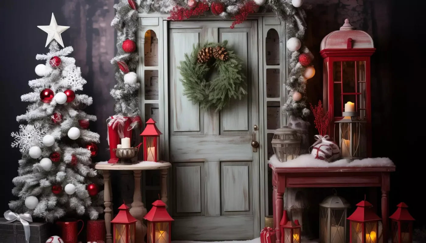 Rustic Christmas Door V 14’X8’ Ultracloth (168 X 96 Inch) Backdrop
