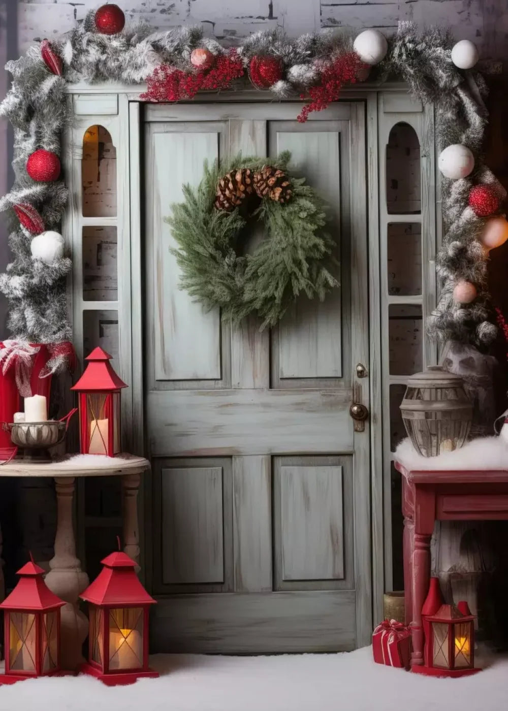 Rustic Christmas Door V 5’X7’ Ultracloth (60 X 84 Inch) Backdrop