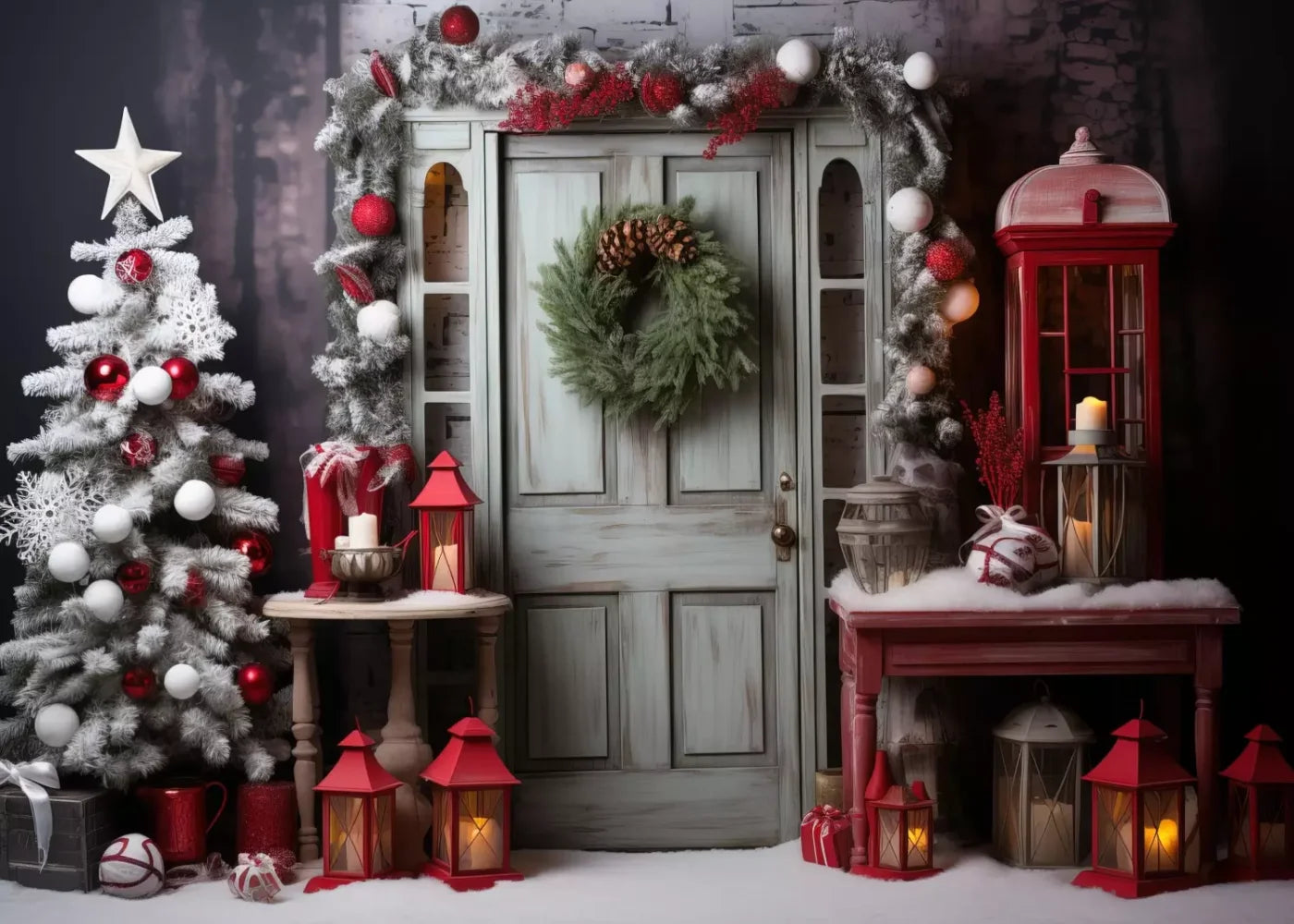 Rustic Christmas Door V 7’X5’ Ultracloth (84 X 60 Inch) Backdrop