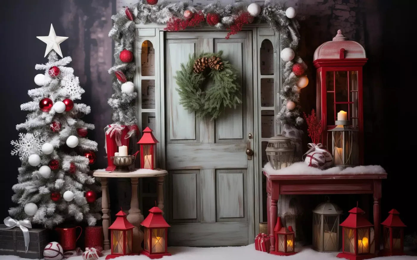 Rustic Christmas Door V 8’X5’ Ultracloth (96 X 60 Inch) Backdrop