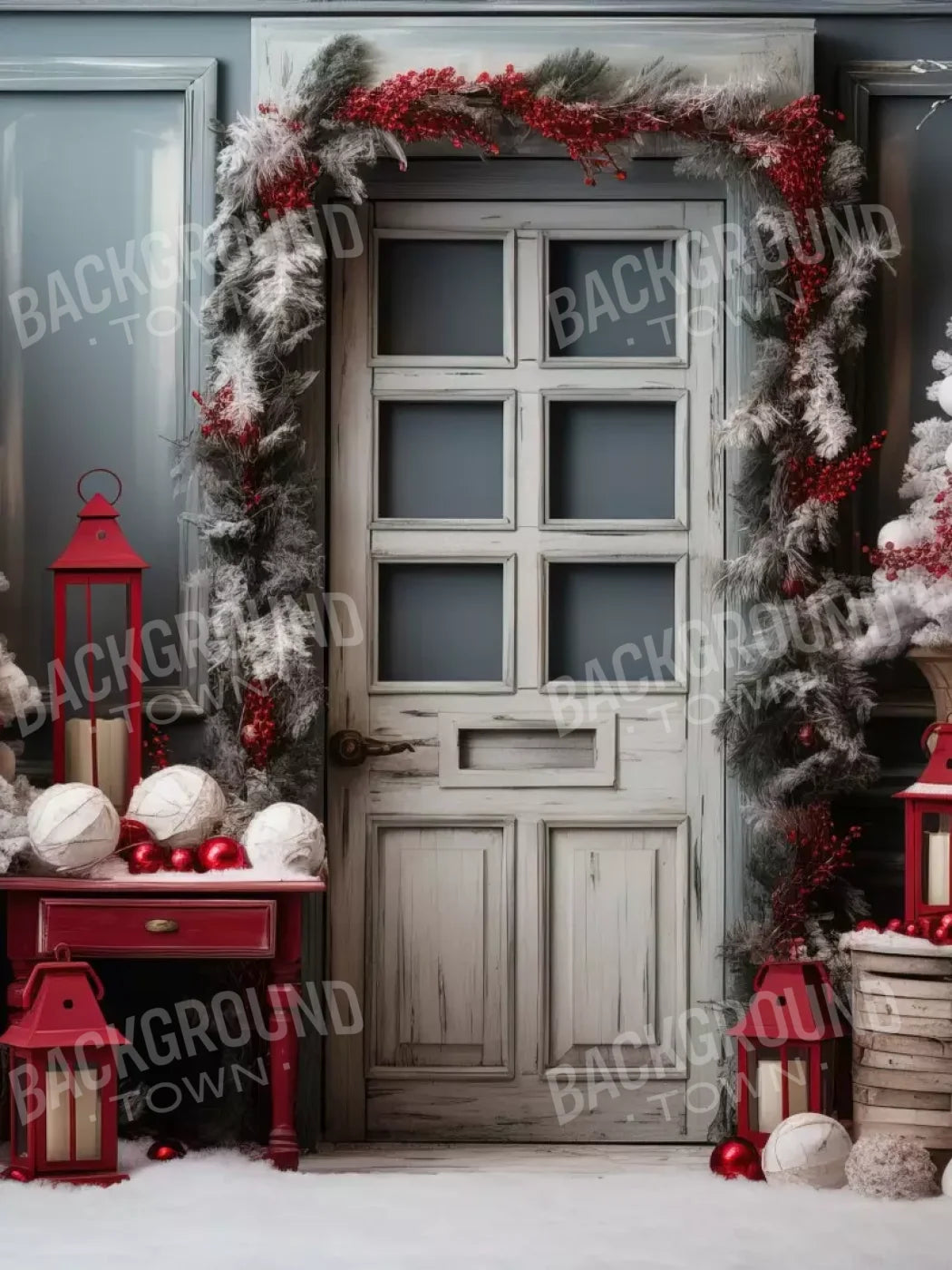 Rustic Christmas Door Ii 5’X6’8 Fleece (60 X 80 Inch) Backdrop
