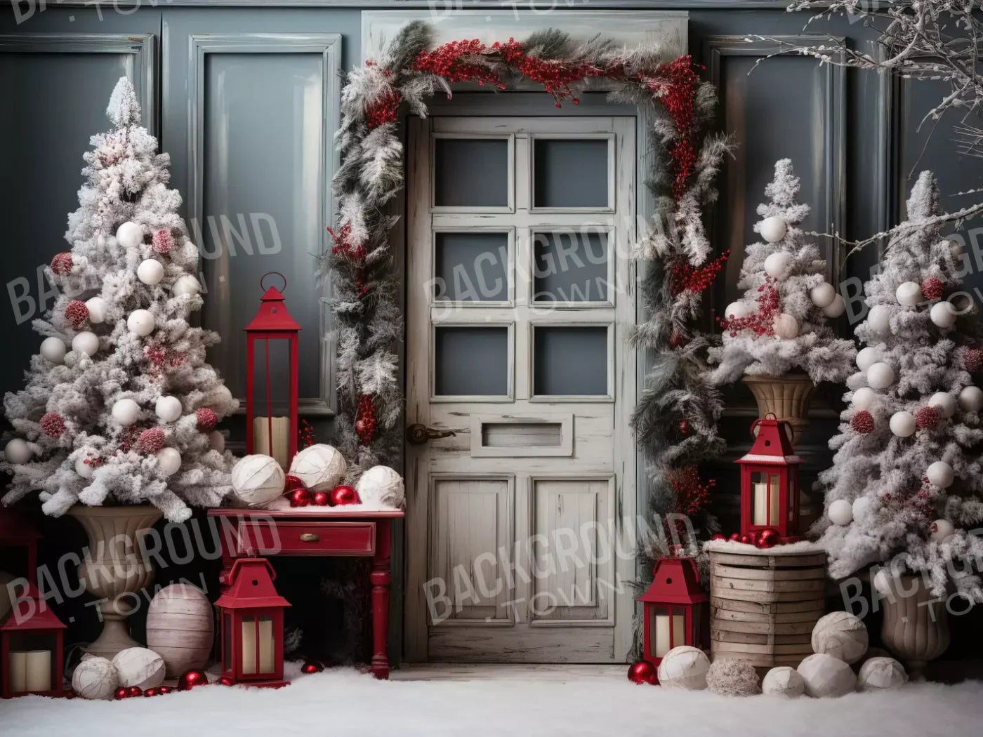 Rustic Christmas Door Ii 6’8X5’ Fleece (80 X 60 Inch) Backdrop
