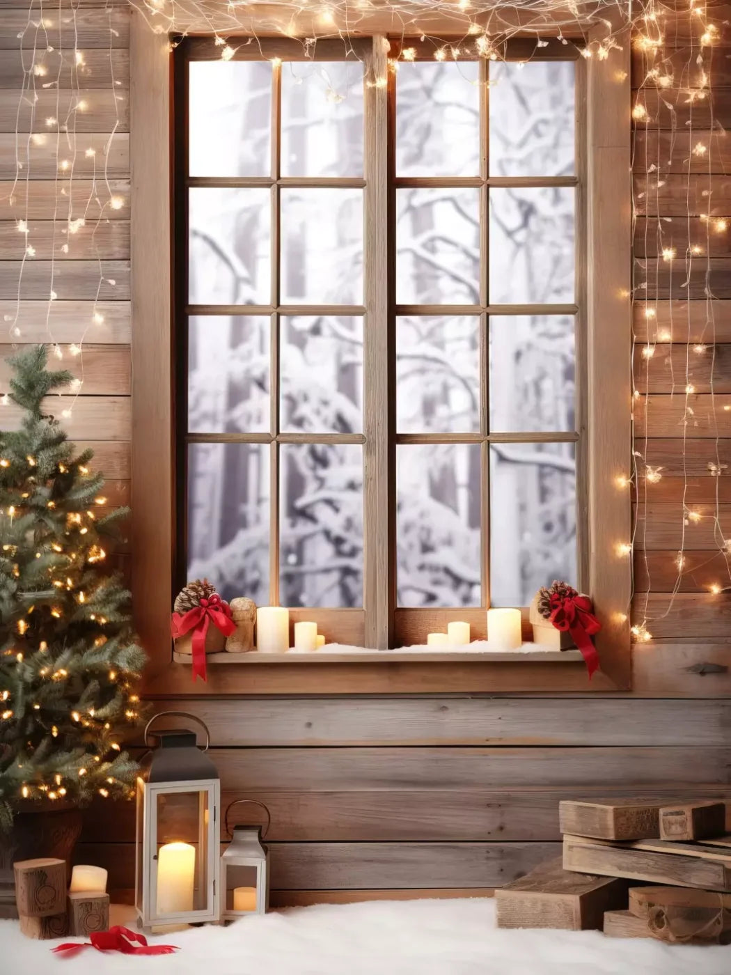 Rustic Snowy Christmas I 6’X8’ Fleece (72 X 96 Inch) Backdrop