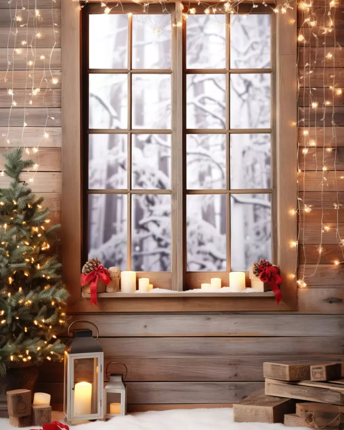 Rustic Snowy Christmas I 8’X10’ Fleece (96 X 120 Inch) Backdrop