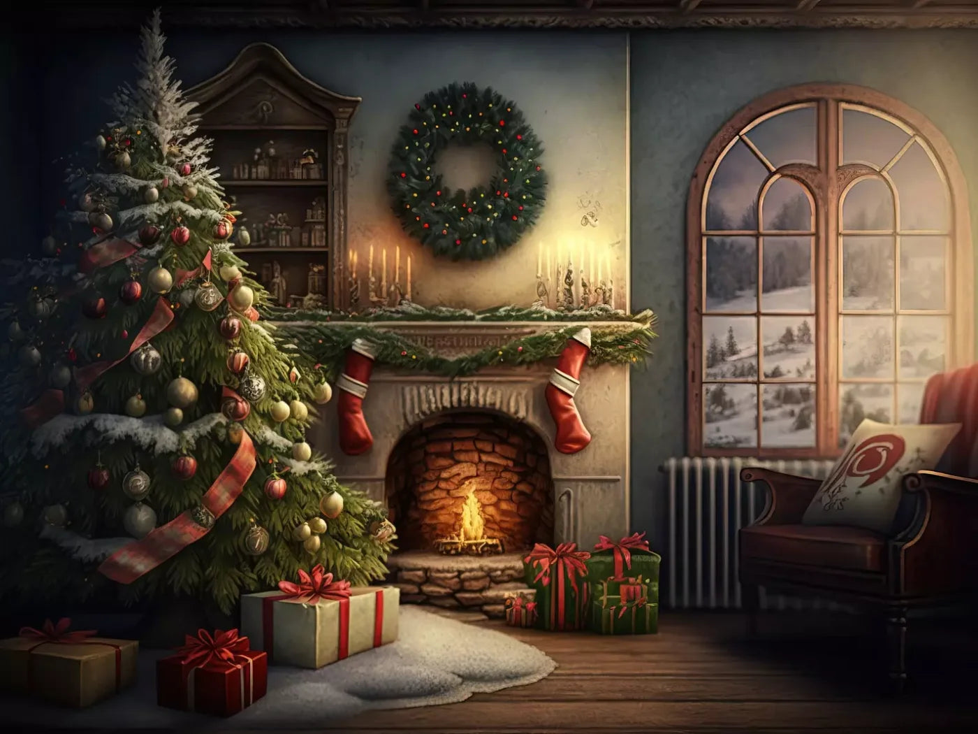 Santa Livingroom 8’X6’ Fleece (96 X 72 Inch) Backdrop