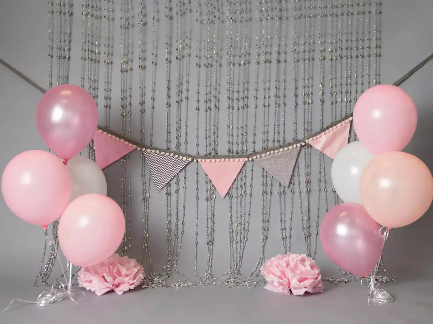 Silver Pink Birthday Balloons 10X8 Fleece ( 120 X 96 Inch ) Backdrop