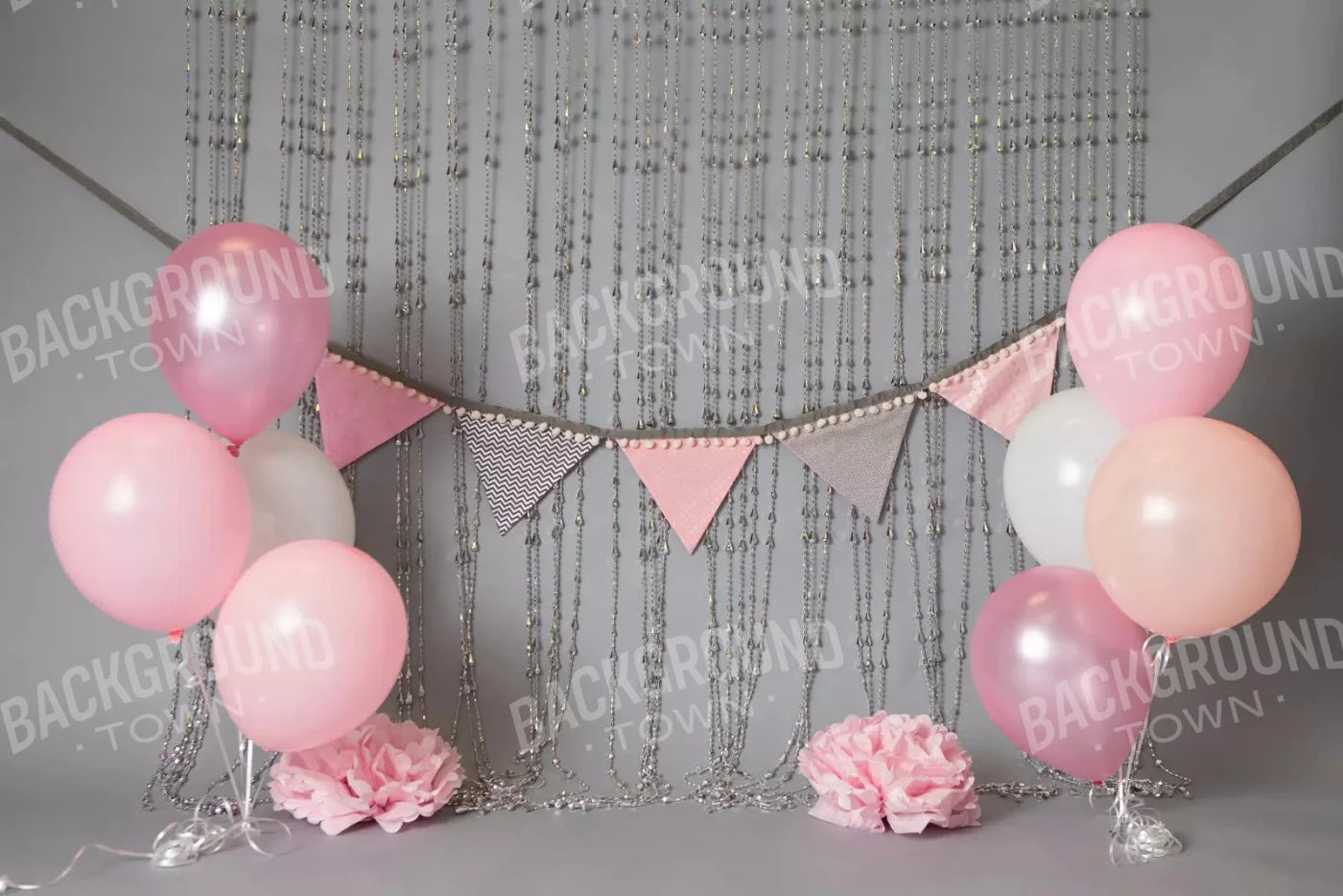 Silver Pink Birthday Balloons 8X5 Ultracloth ( 96 X 60 Inch ) Backdrop