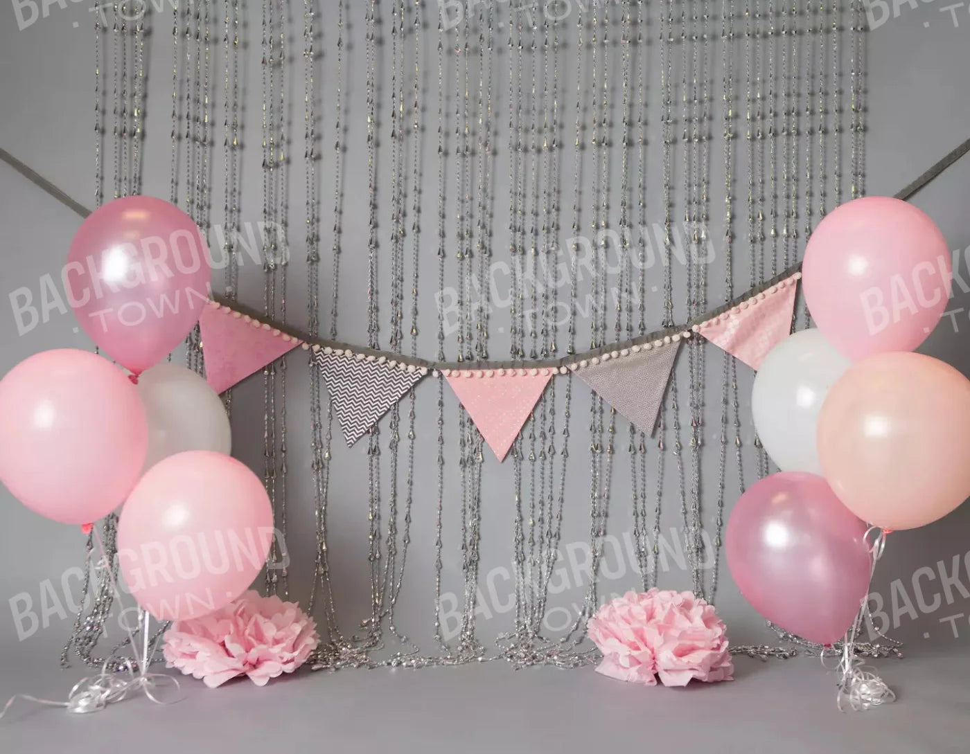 Silver Pink Birthday Balloons 8X6 Fleece ( 96 X 72 Inch ) Backdrop