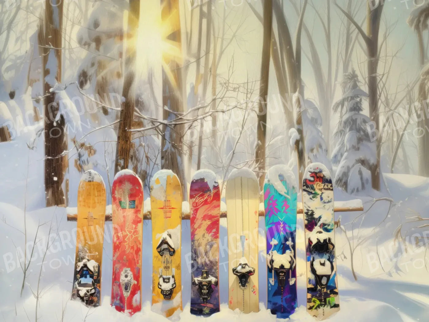 Snow Boards In The Woods 8’x6’ Fleece (96 x 72 inch) Backdrop