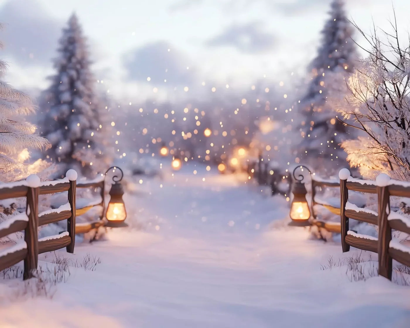 Snow Covered Path With Lanterns 10’X8’ Fleece (120 X 96 Inch) Backdrop